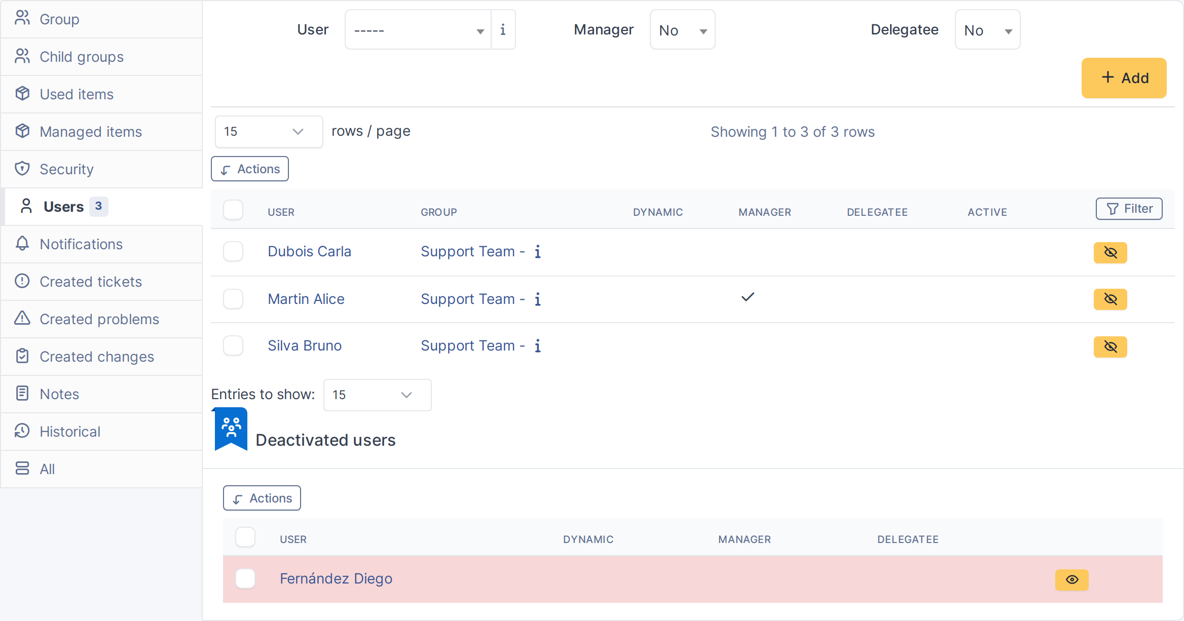 Deactivating and reactivating a group member — Open the group and its Users tab