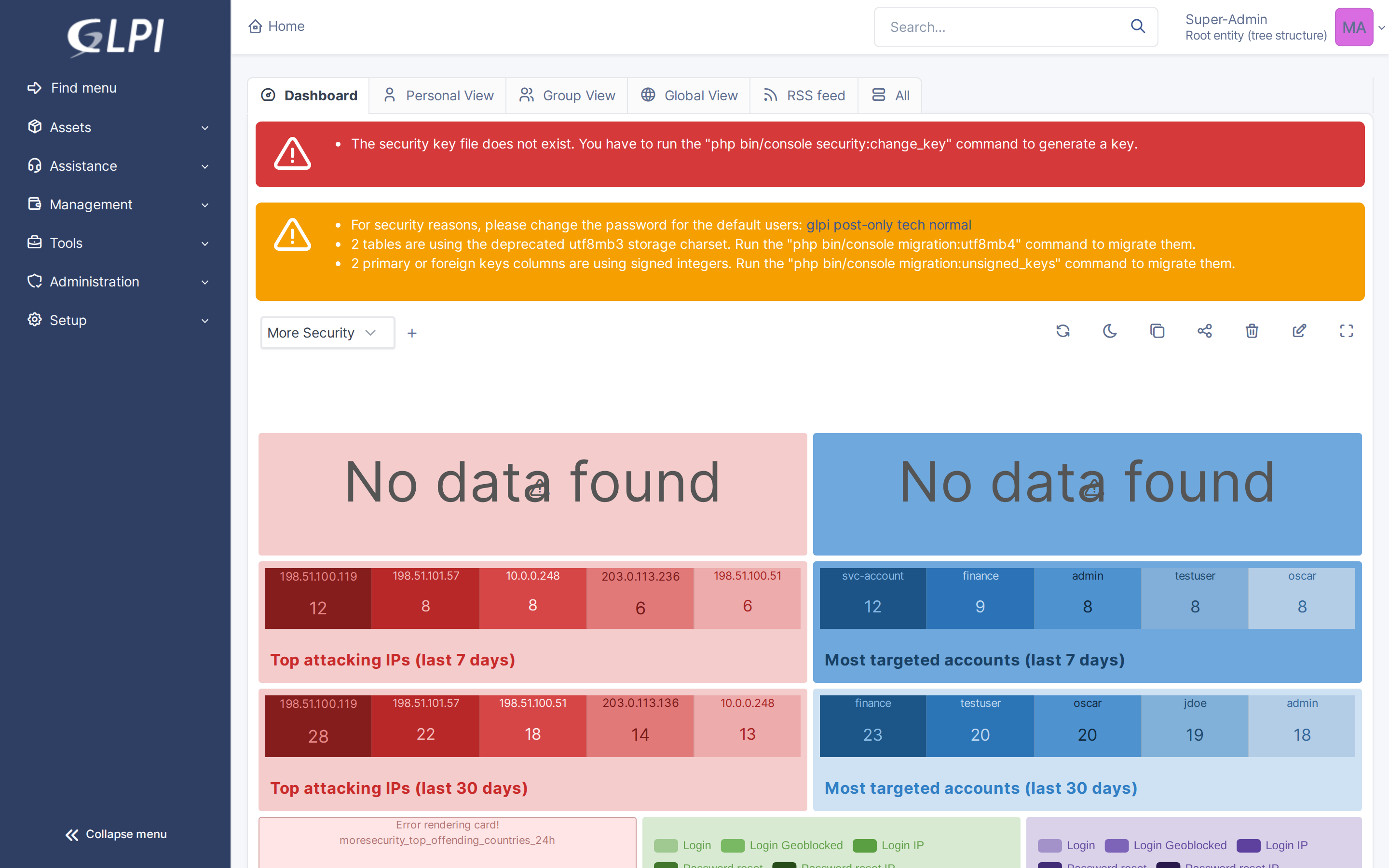 The Central page displays the More Security dashboard with cards showing the top attacking IP addresses and most-targeted accounts across different time ranges.