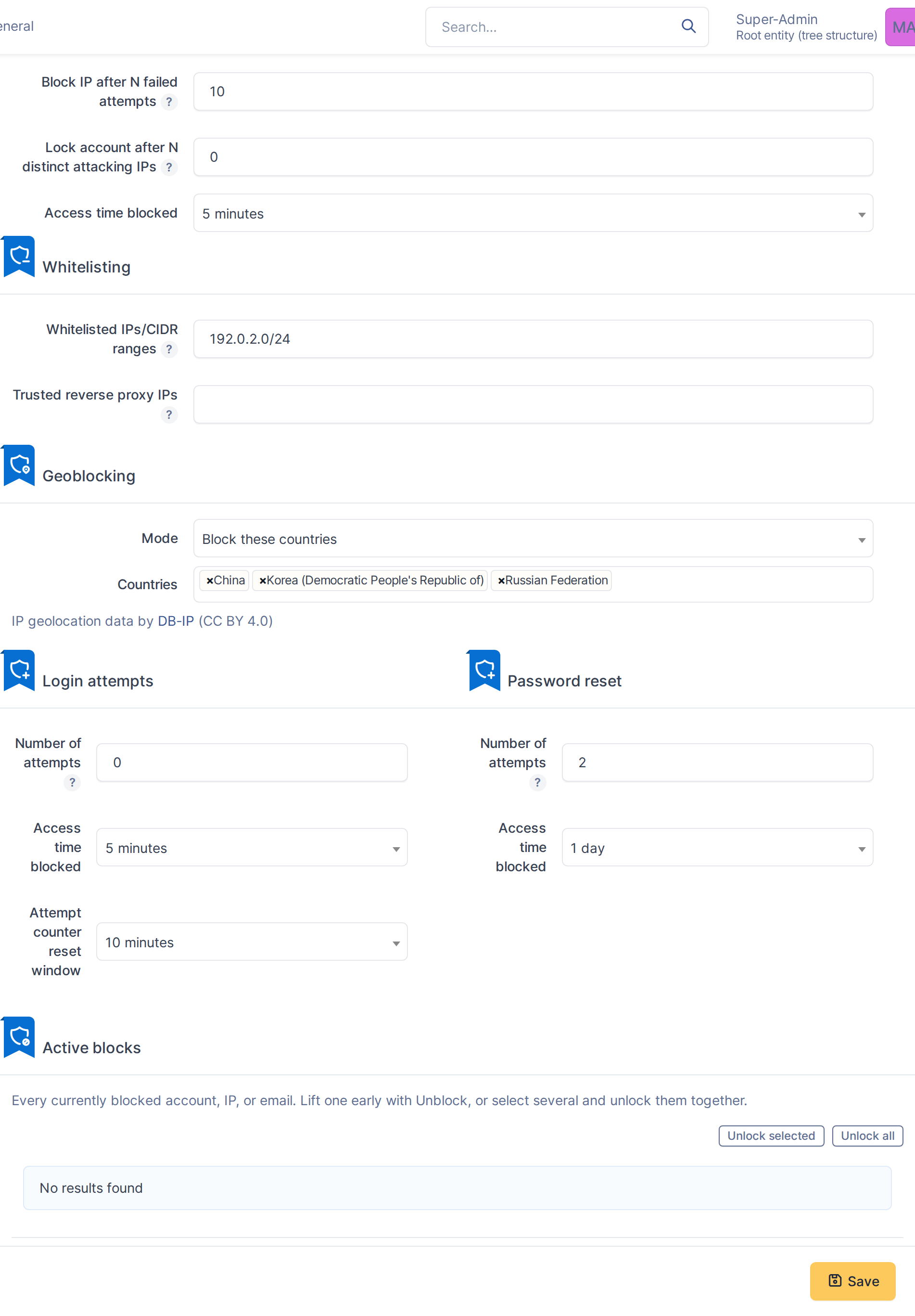 The More Security tab shows all protection settings organized into sections for IP blocking, Login attempts, and Password reset.