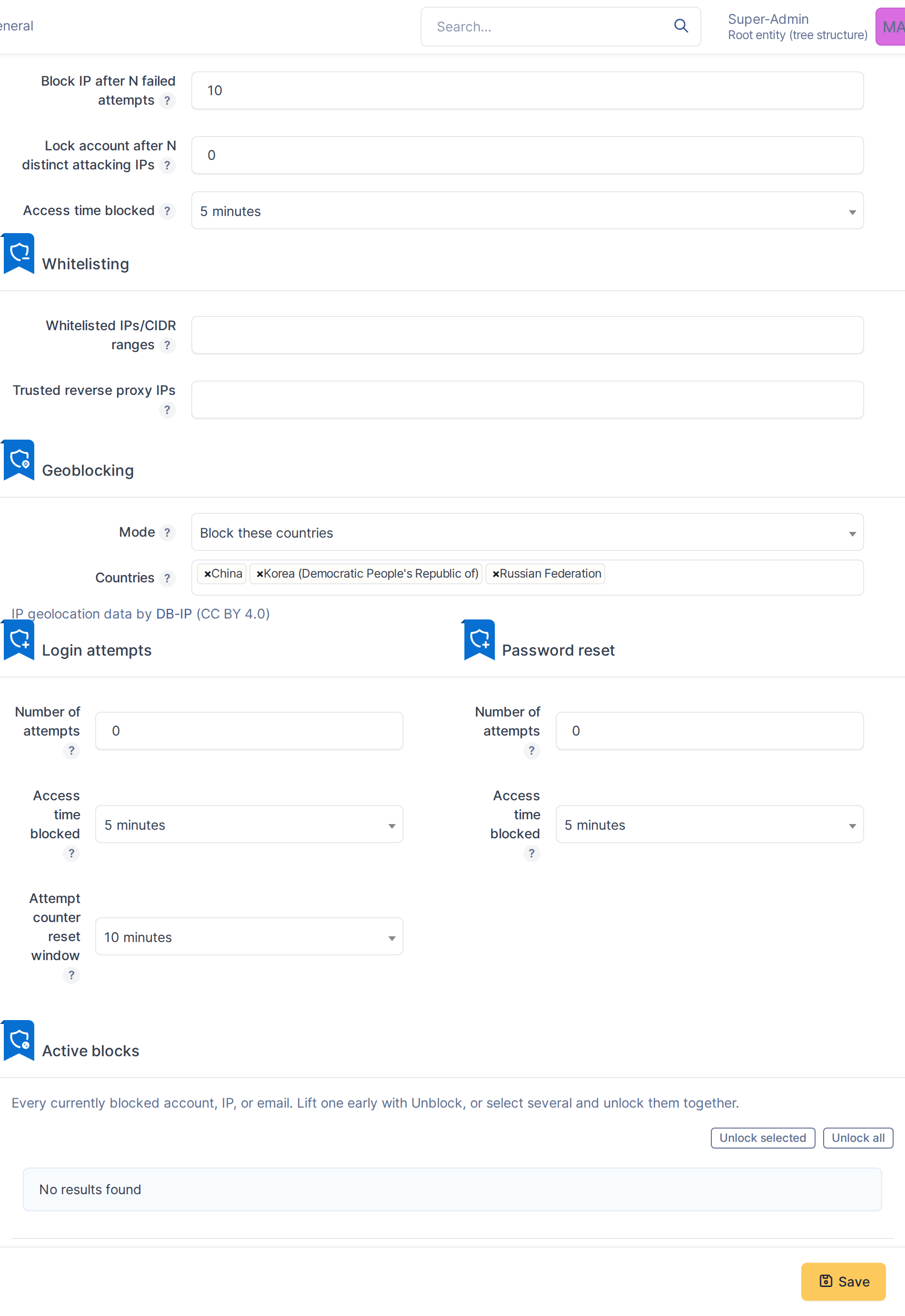 The More Security tab shows all protection settings organized into sections for IP blocking, Login attempts, and Password reset.