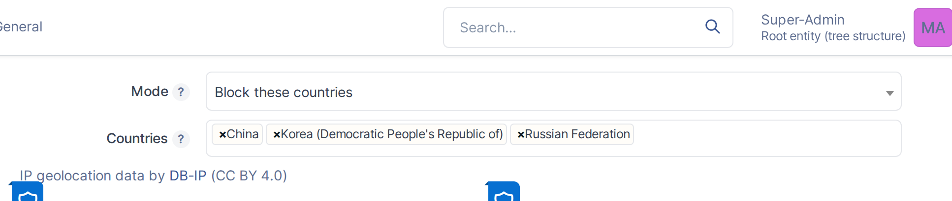 The Geoblocking section sets the allow/deny mode and the country list it applies to, with the DB-IP data attribution.