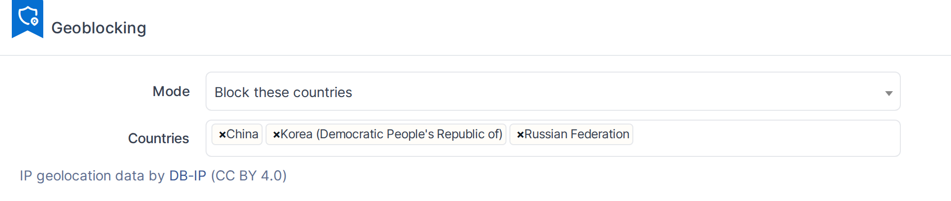The Geoblocking section sets the allow/deny mode and the country list it applies to, with the DB-IP data attribution.