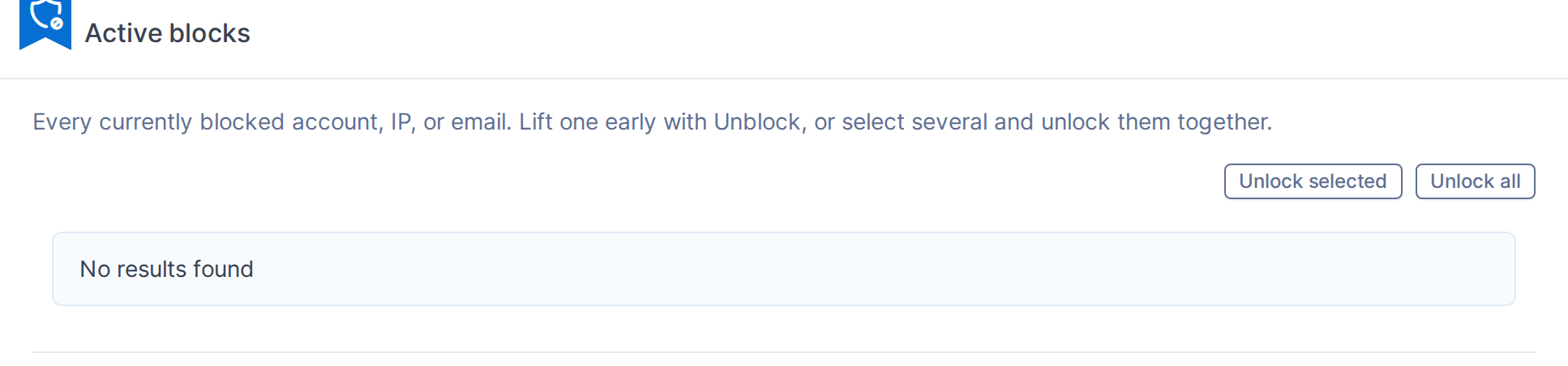The Active blocks table shows every currently locked account, IP, or email, with its expiration and an Unlock action.