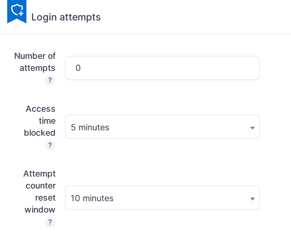 Login attempts are configured to block accounts after 5 failed login attempts, for 300 seconds.