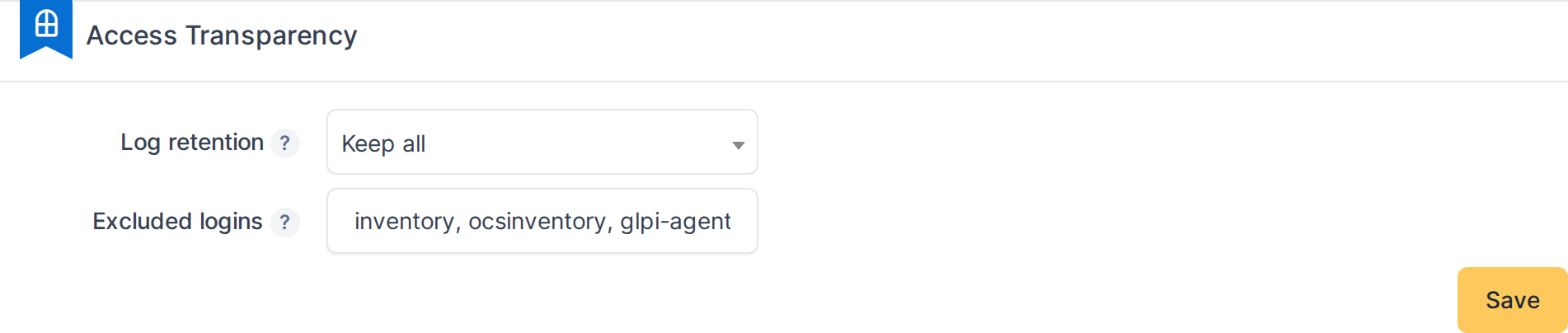 The Access Transparency configuration page: log retention and excluded logins.