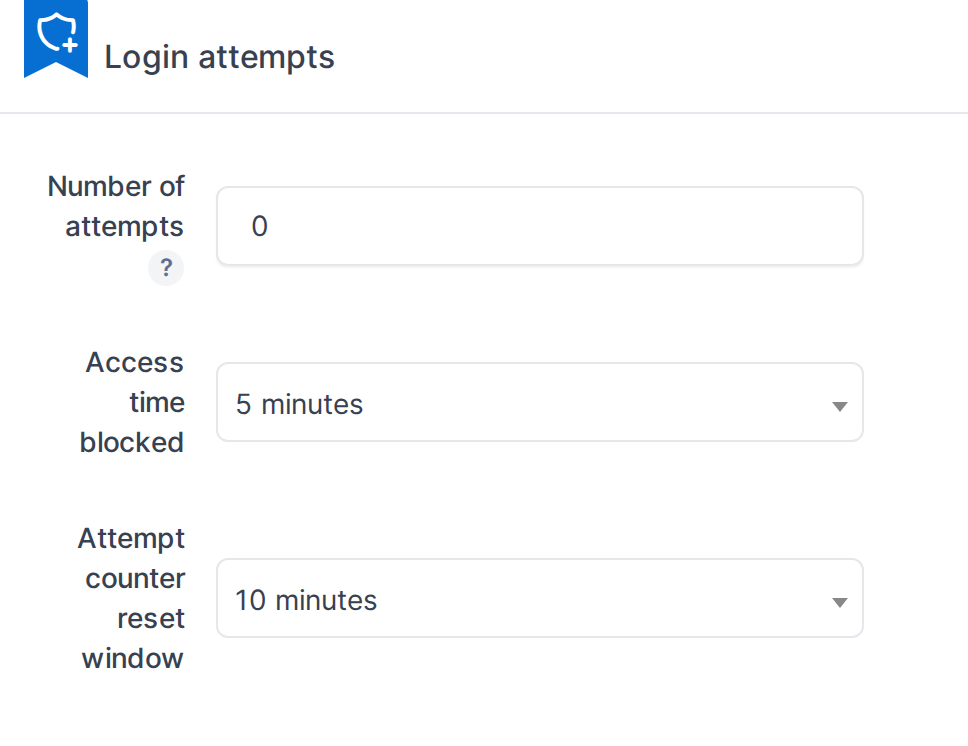 Login attempts are configured to block accounts after 5 failed login attempts, for 300 seconds.