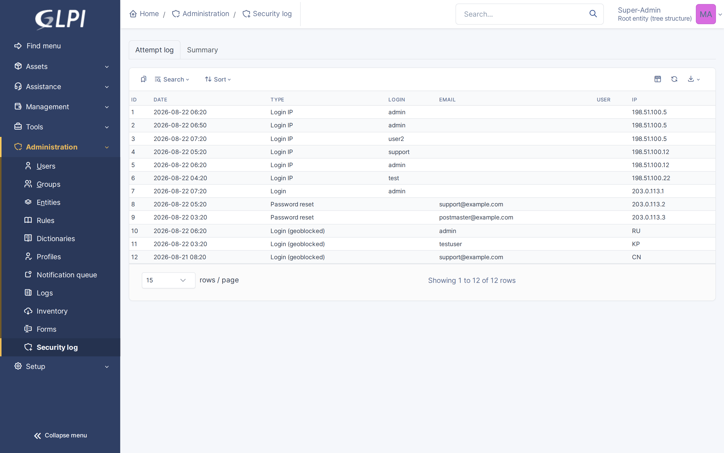 The Security log page displays a searchable table of all login attempts, password-reset requests, and IP-based attacks, with columns for Event type, target Identifier/IP, Attempt count, and Block status.