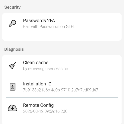 Settings, bottom half: Security and Diagnosis cards