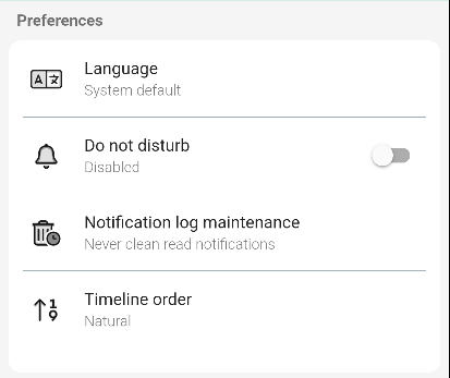 Settings, top half: Preferences card
