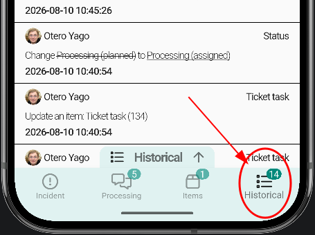 Ticket detail view showing bottom tabs