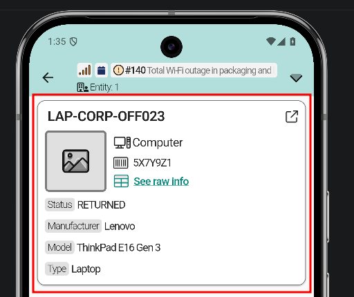 App ticket view with Items tab