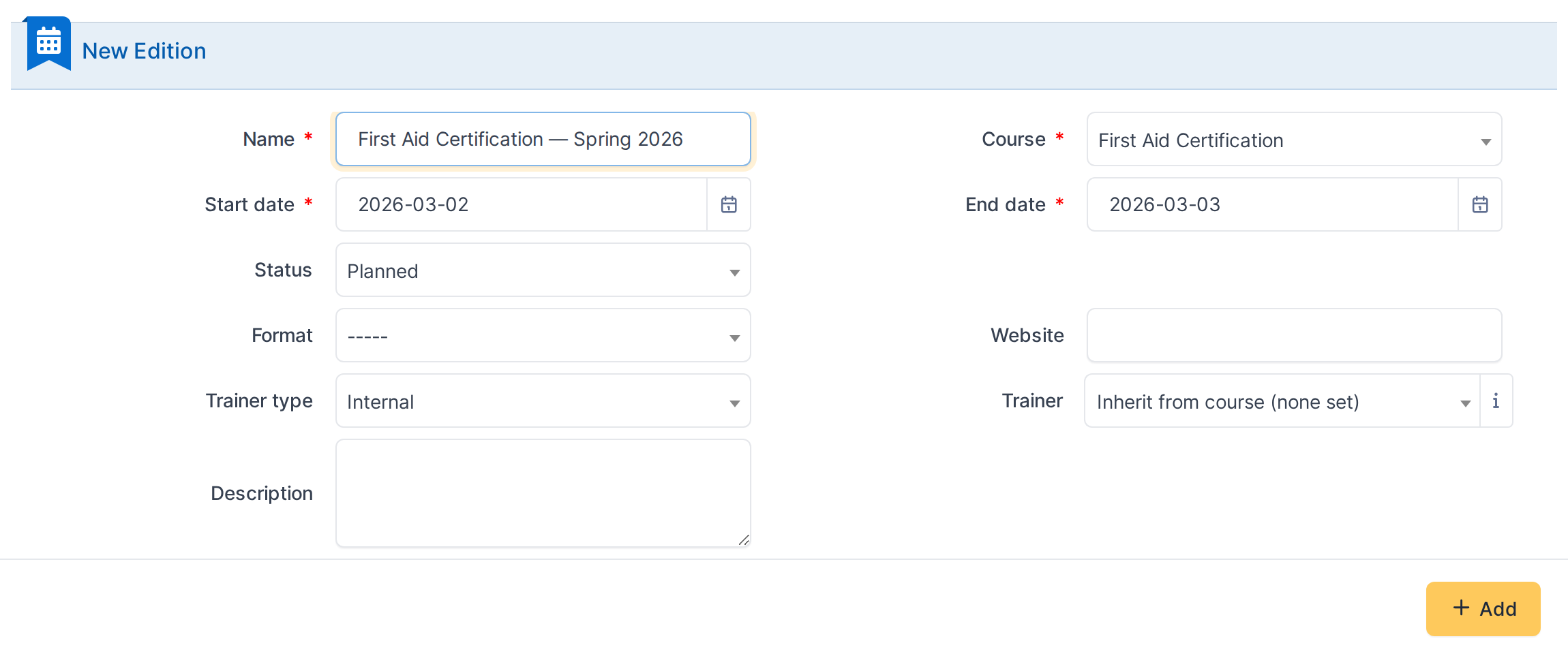 In this example: a session of "First Aid Certification", planned and running for two days.