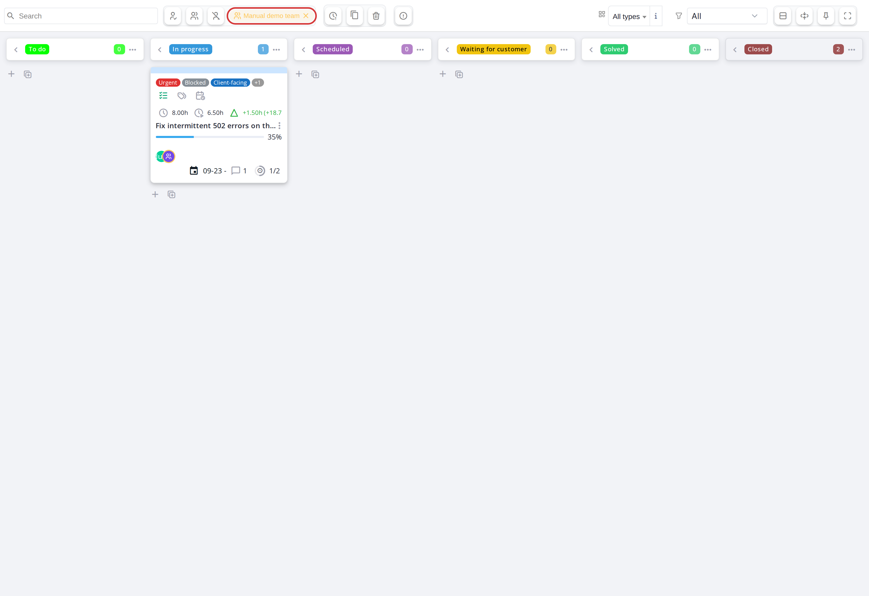 The board filtered on one group; the chip in the toolbar resets it