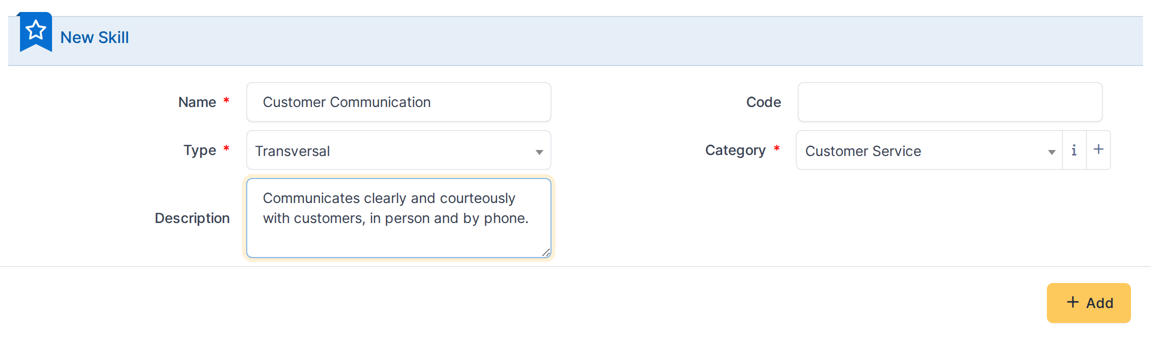In this example: a Transversal skill, "Customer Communication", filed under the "Customer Service" category.