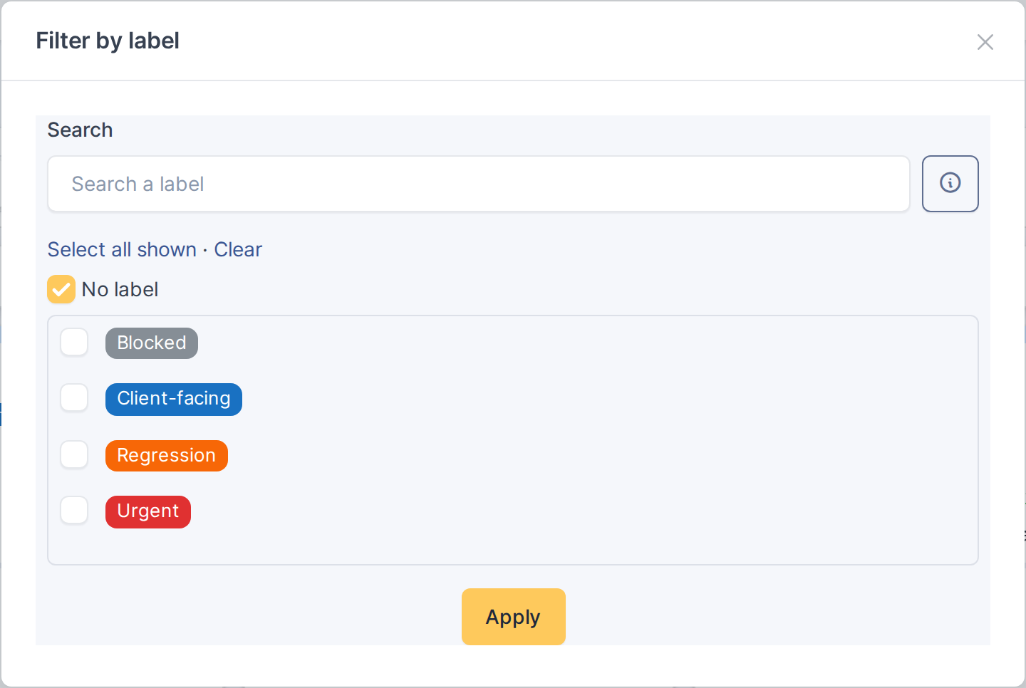 Board toggles, menus and view options — Filter by label (global Kanban only)