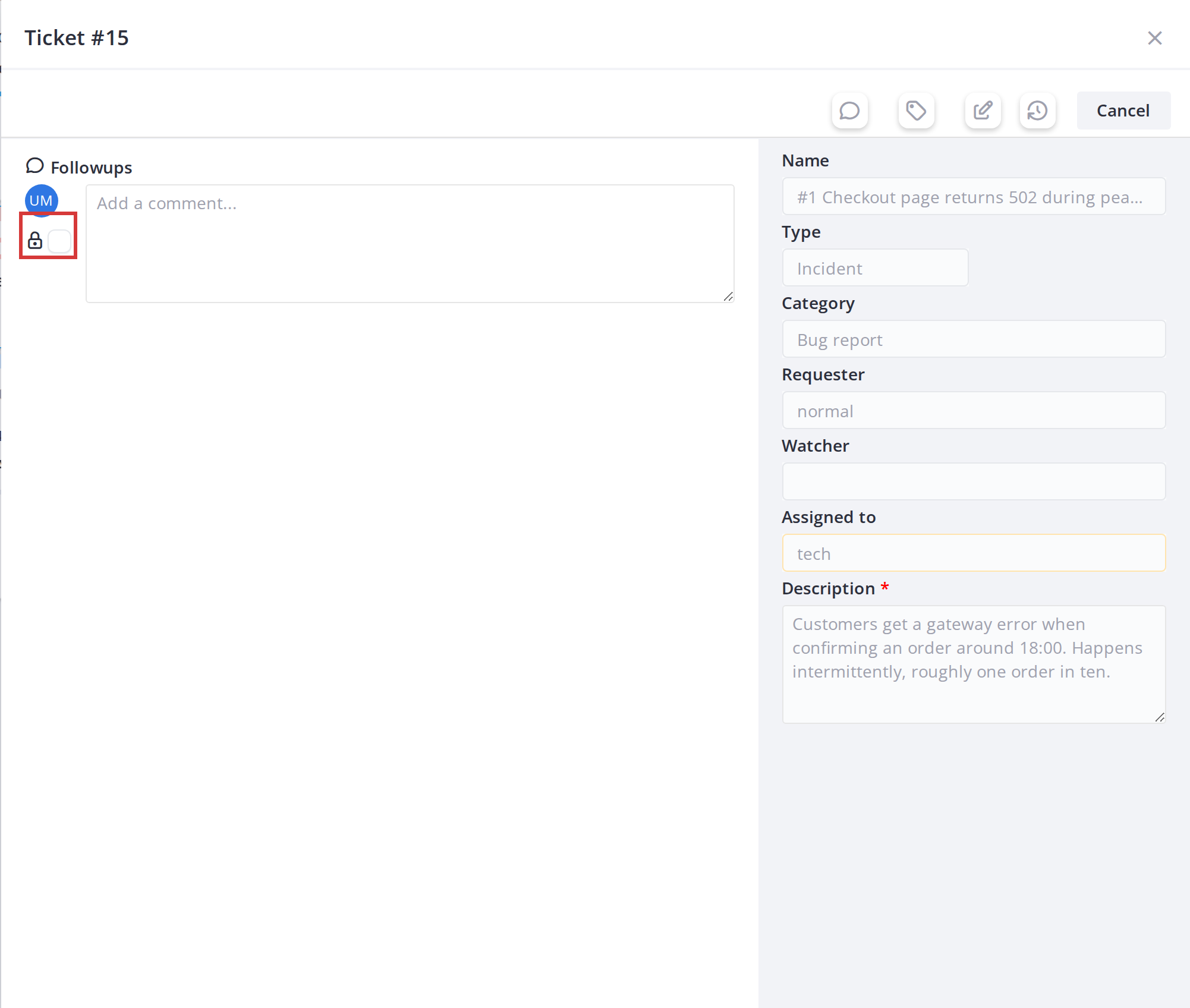 The ticket card window — Add a private comment