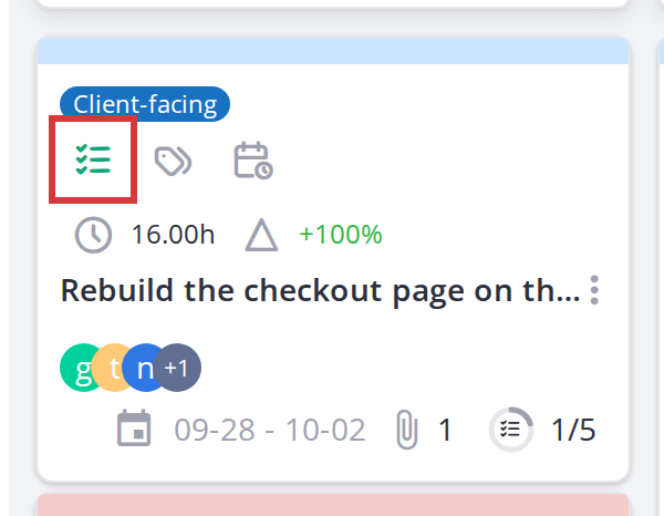 The teal task icon distinguishes a task card from a ticket card