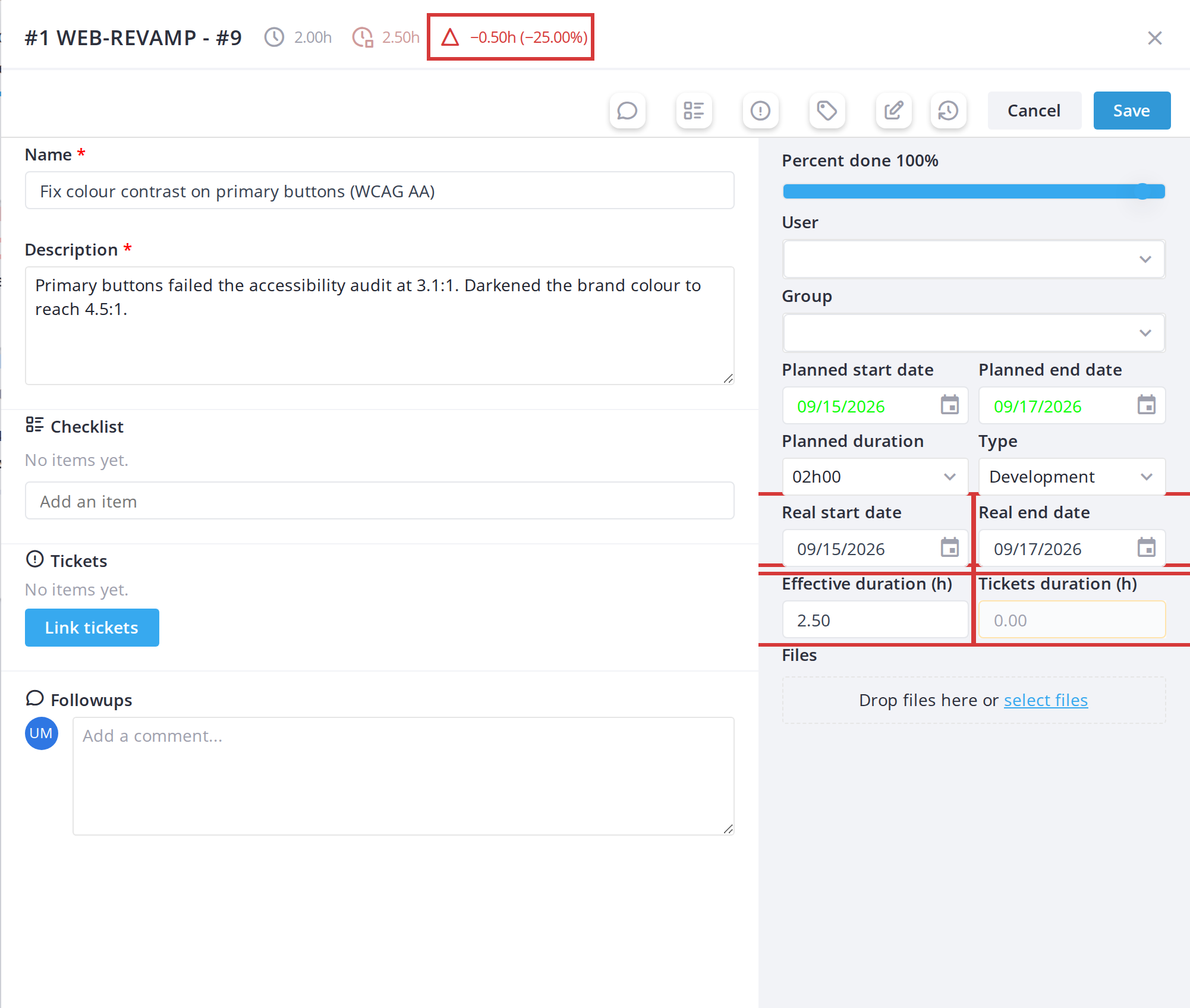 Time on a task: hours, real dates and late tasks — Hours and real dates in the card window