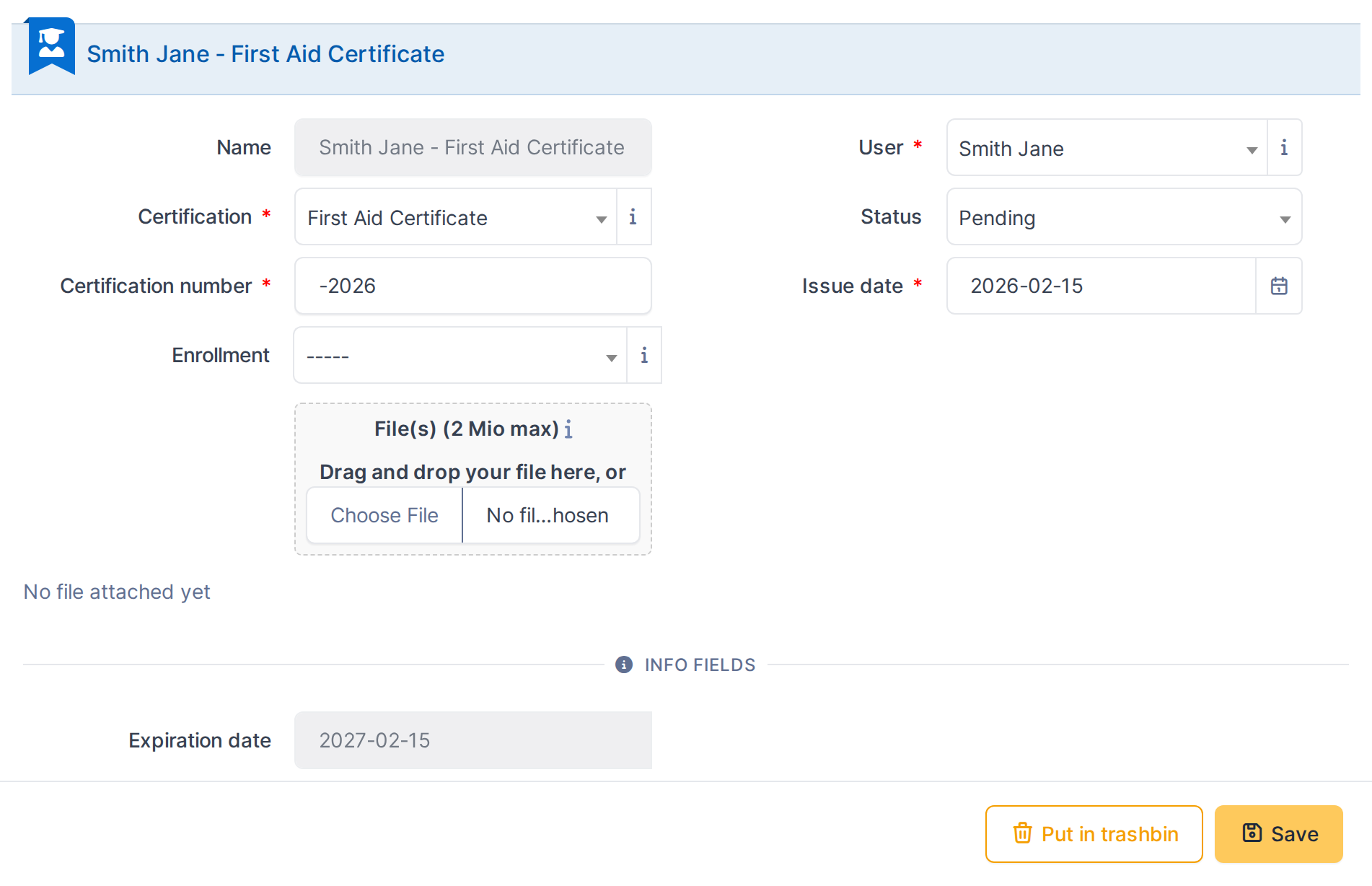 Issued on 2026-02-15 with a 12-month validity, the expiration date is automatically set to 2027-02-15.