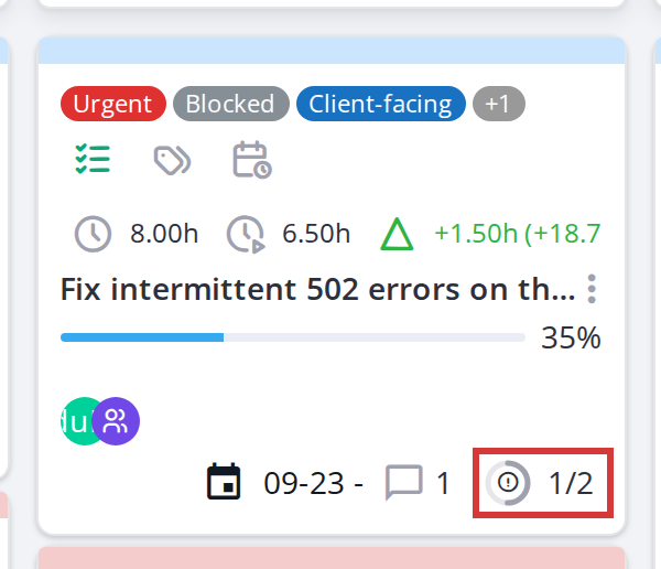 Reading a task card — Linked tickets ring