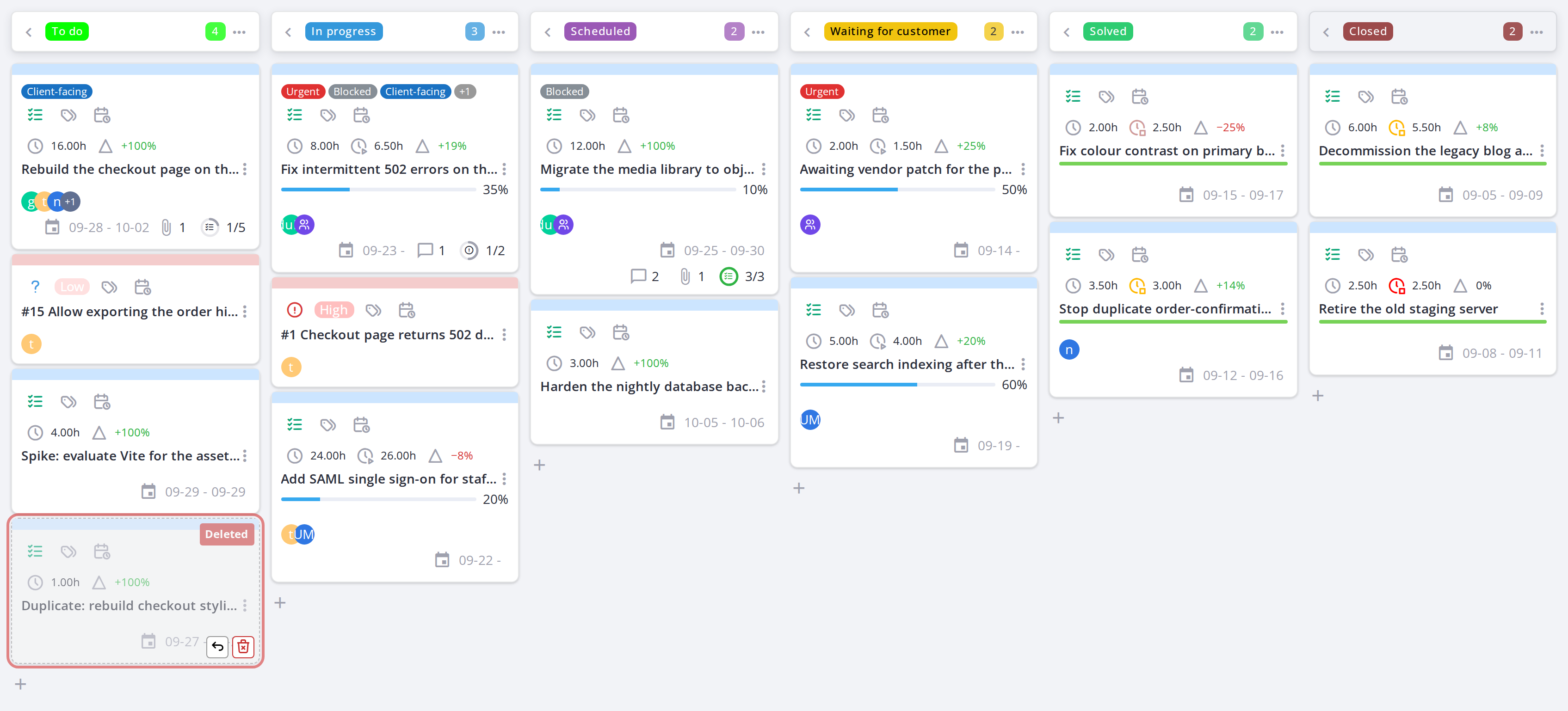Deleted task cards — Show deleted tasks