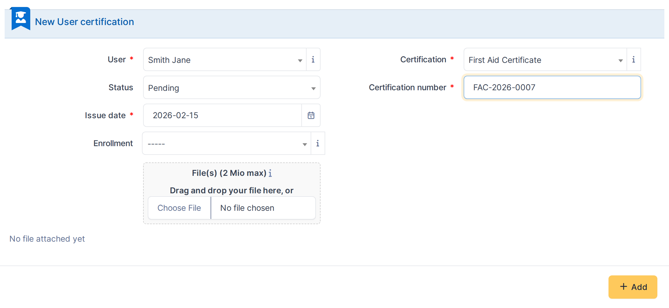 In this example: issuing "First Aid Certificate" with a 12-month validity — the expiration date fills in automatically once saved.