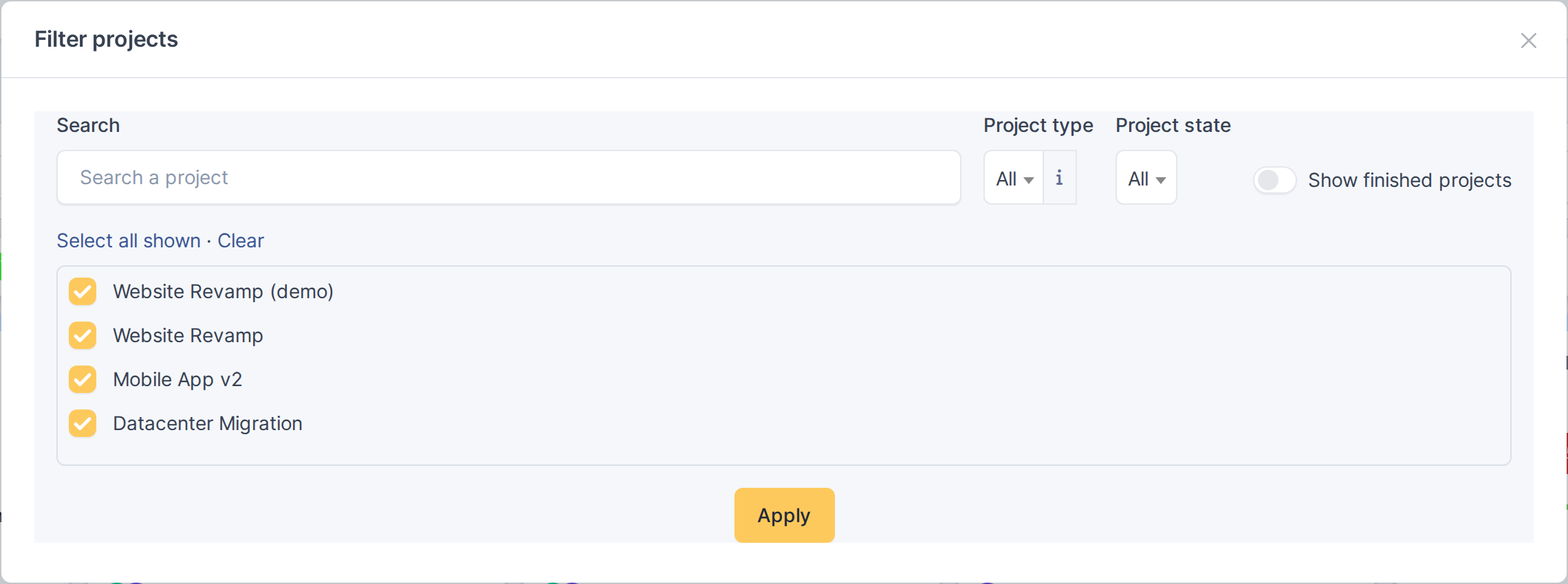 Board toggles, menus and view options — Filter by project (global Kanban only)