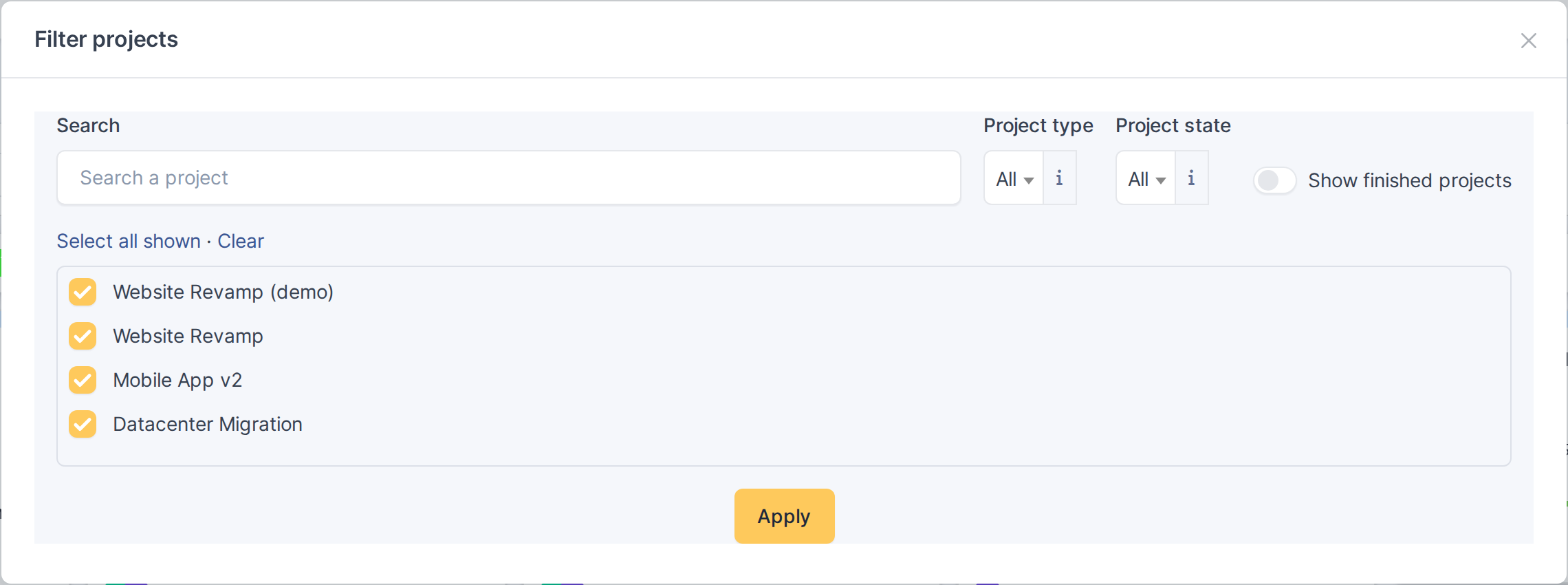Board toggles, menus and view options — Filter by project (global Kanban only)