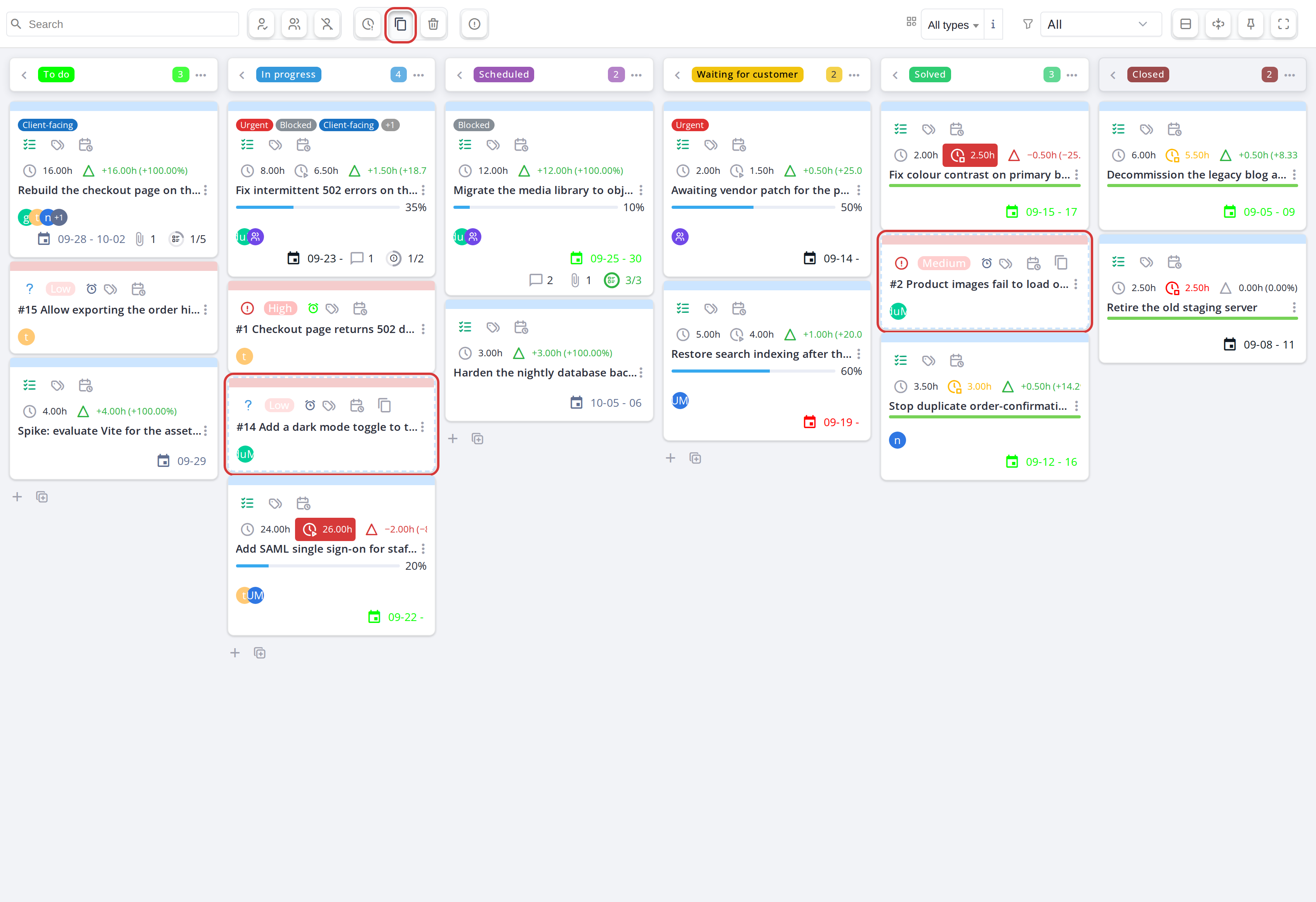 Tickets linked to a task, shown as cards with a dashed border