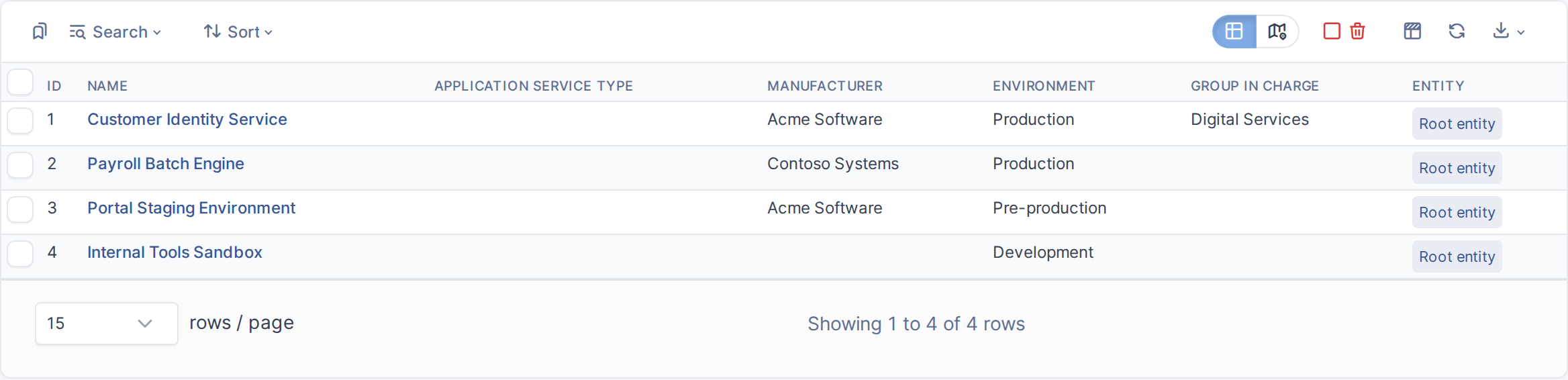 The Application Services list