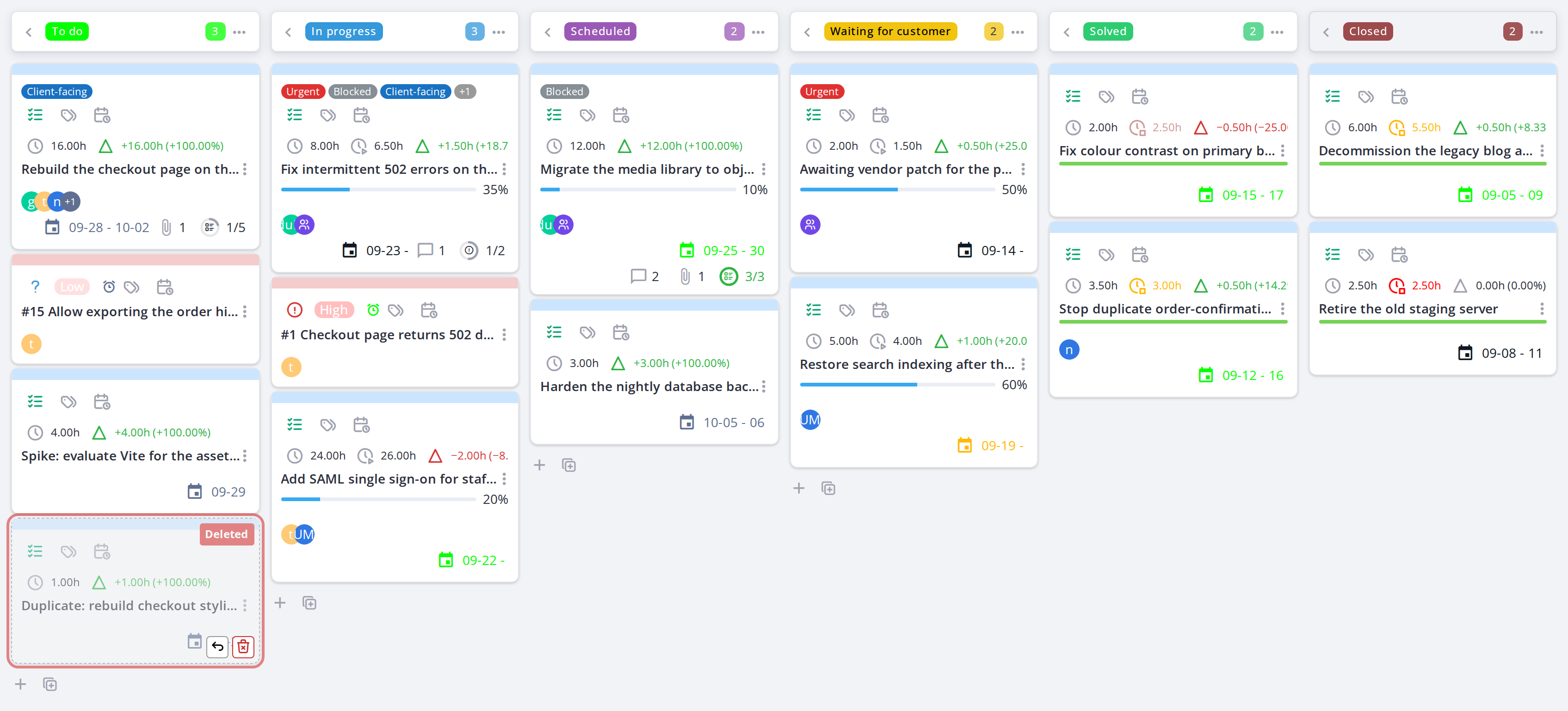 Deleted task cards — Show deleted tasks
