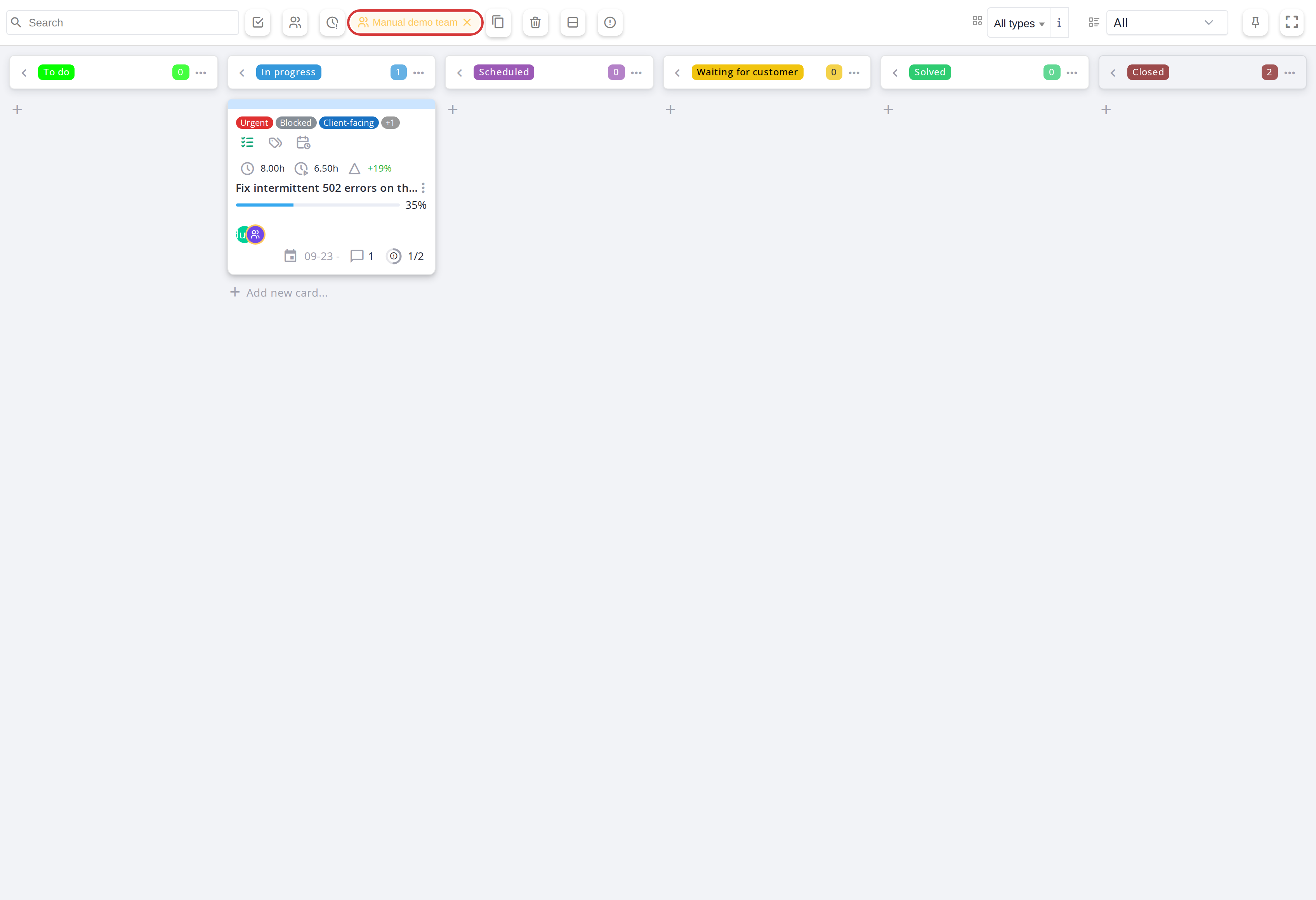 The board filtered on one group; the chip in the toolbar resets it