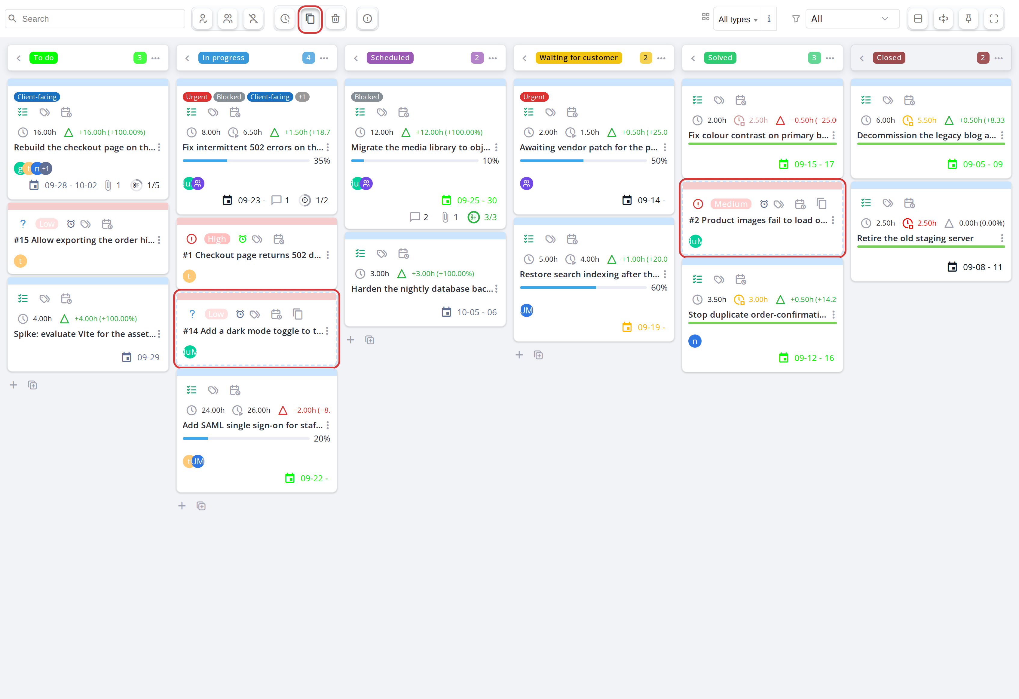 Tickets linked to a task, shown as cards with a dashed border