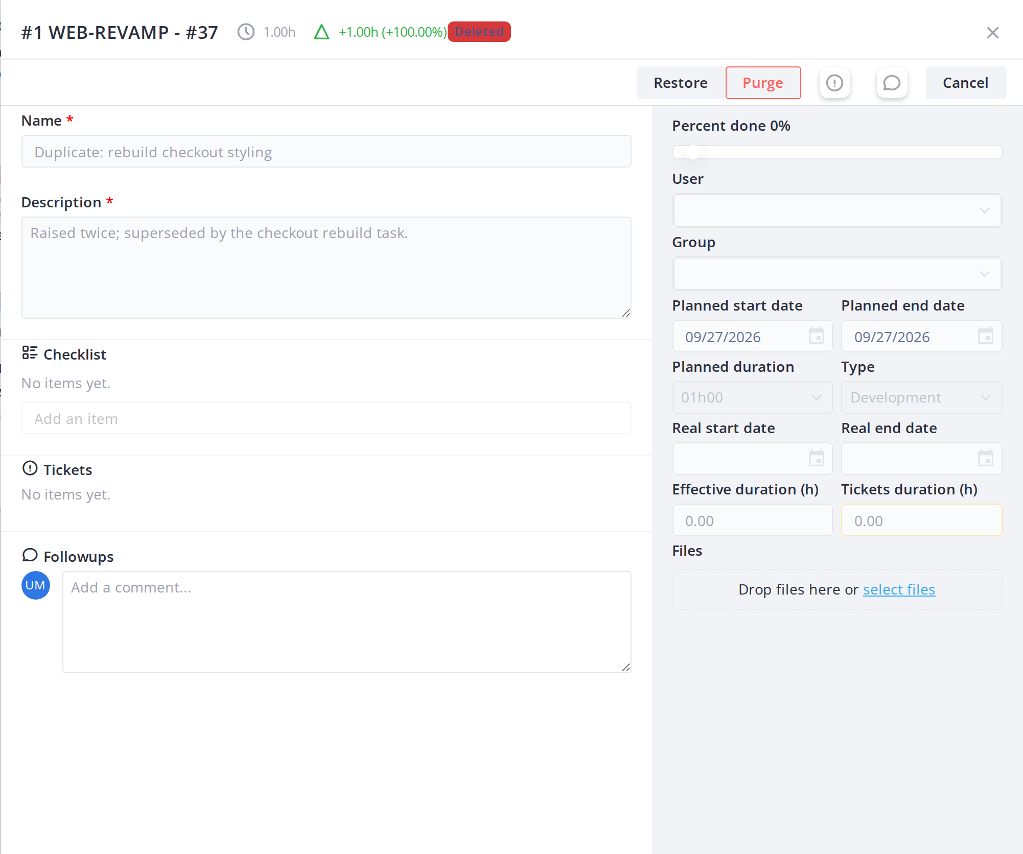 Deleted task cards — Restore a deleted task