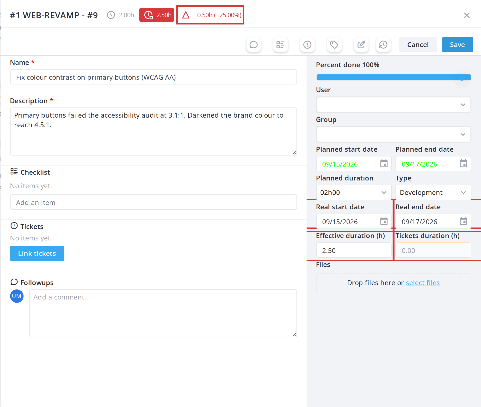 Time on a task: hours, real dates and late tasks — Hours and real dates in the card window