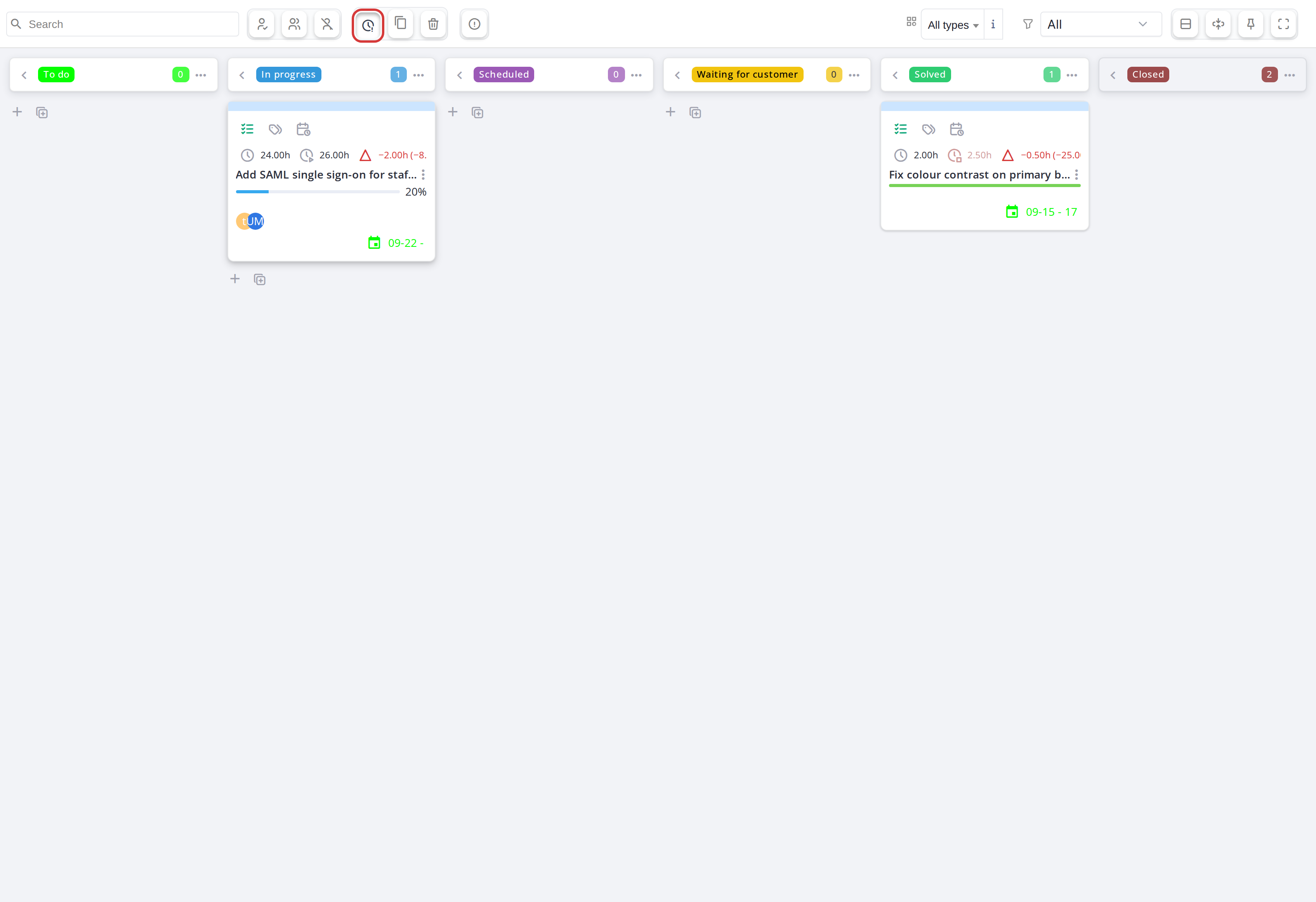 With Late on, only the two tasks over their planned hours remain