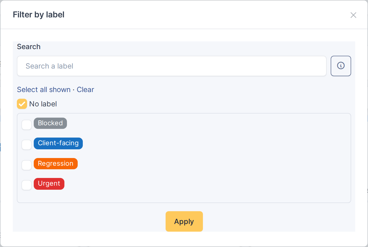 Board toggles, menus and view options — Filter by label (global Kanban only)