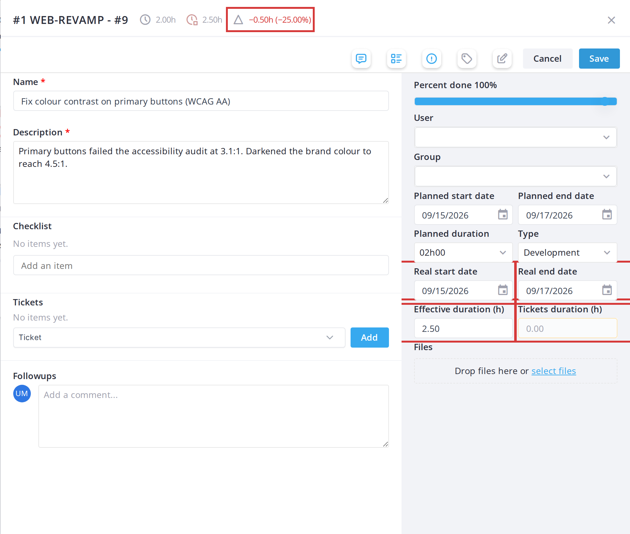 Time on a task: hours, real dates and late tasks — Hours and real dates in the card window