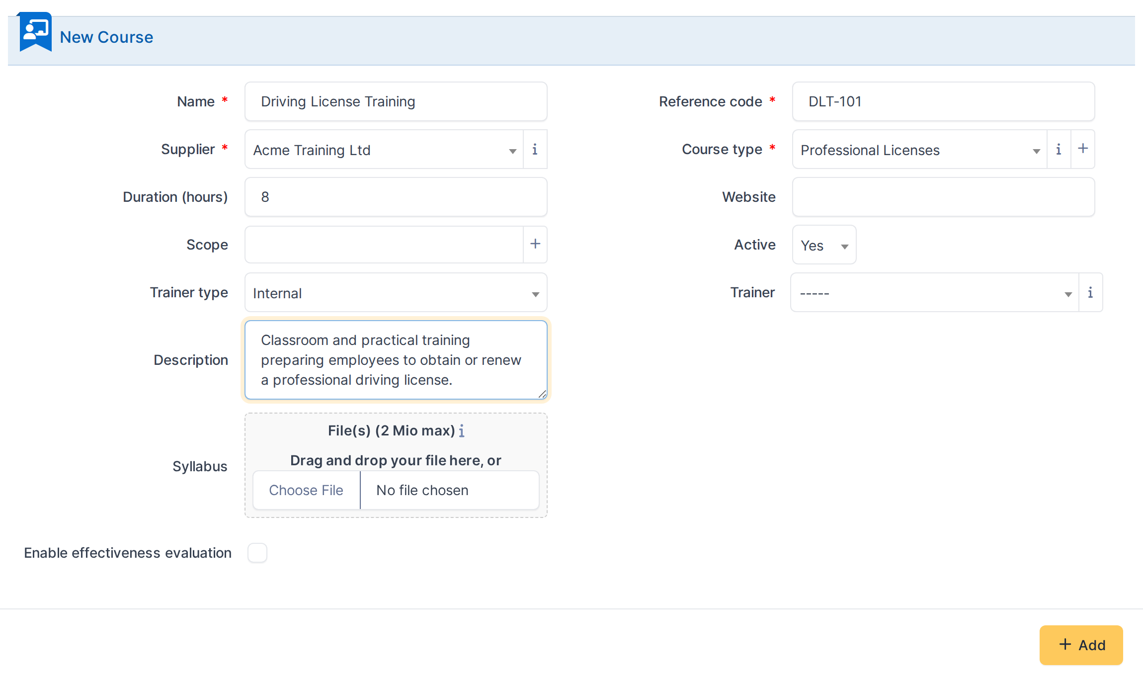 In this example: a supplier-delivered, active course, 8 hours, filed under the "Professional Licenses" course type.