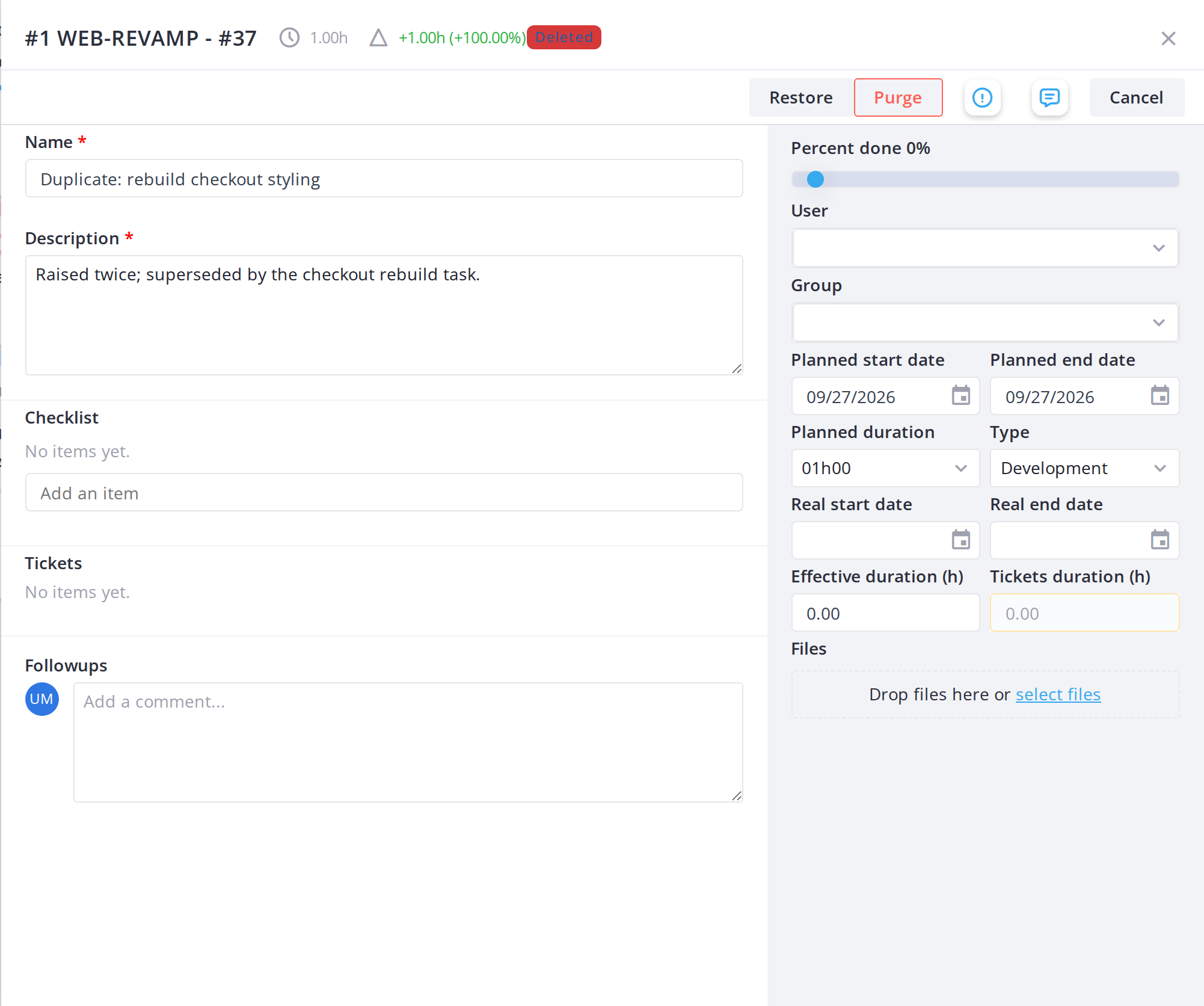 Deleted task cards — Restore a deleted task