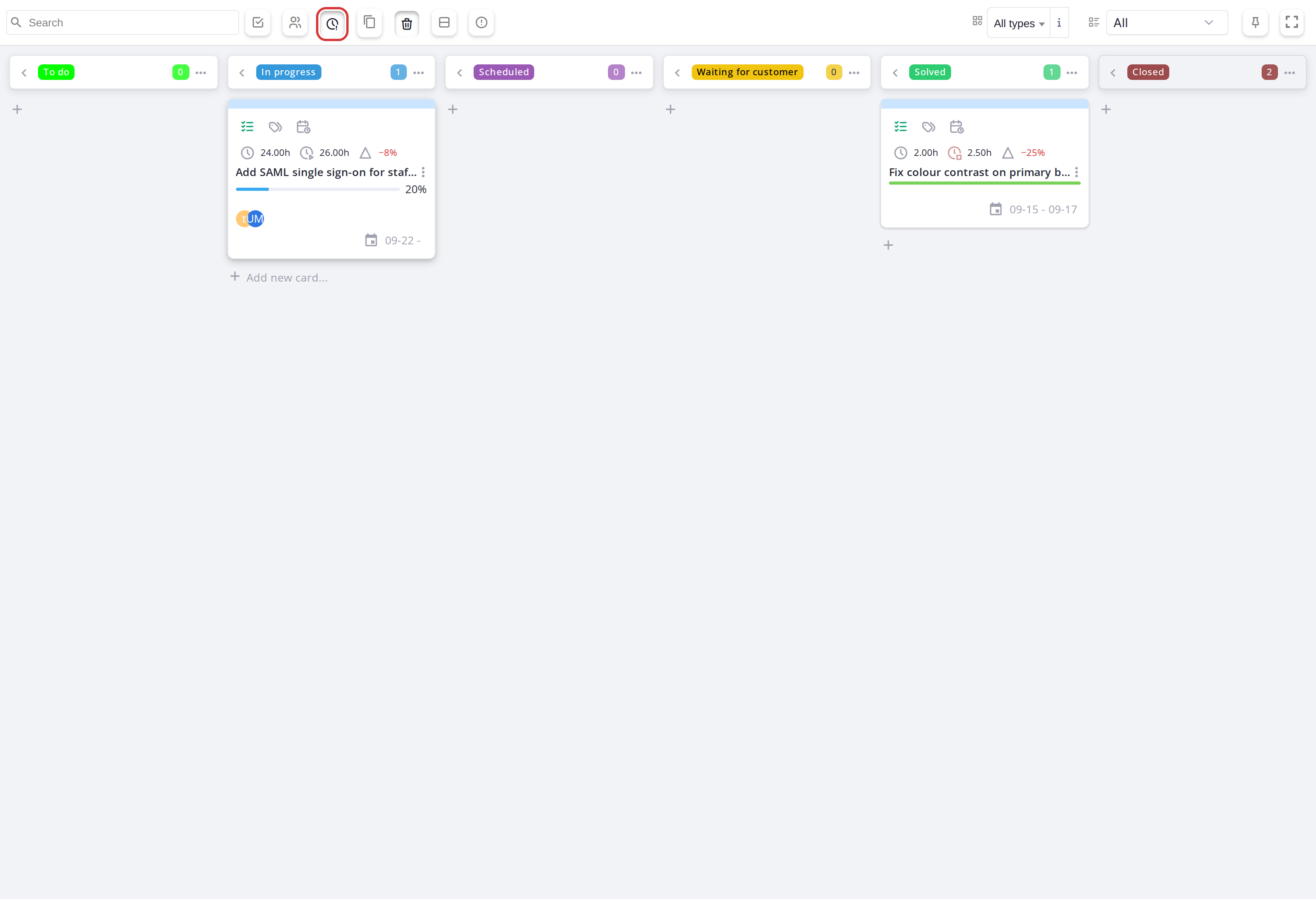 With Late on, only the two tasks over their planned hours remain