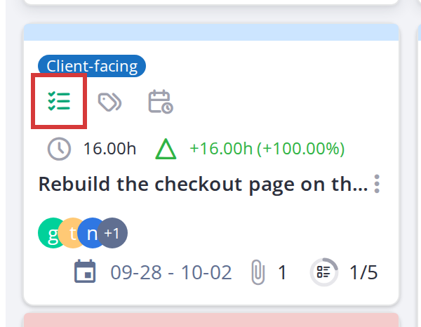 The teal task icon distinguishes a task card from a ticket card
