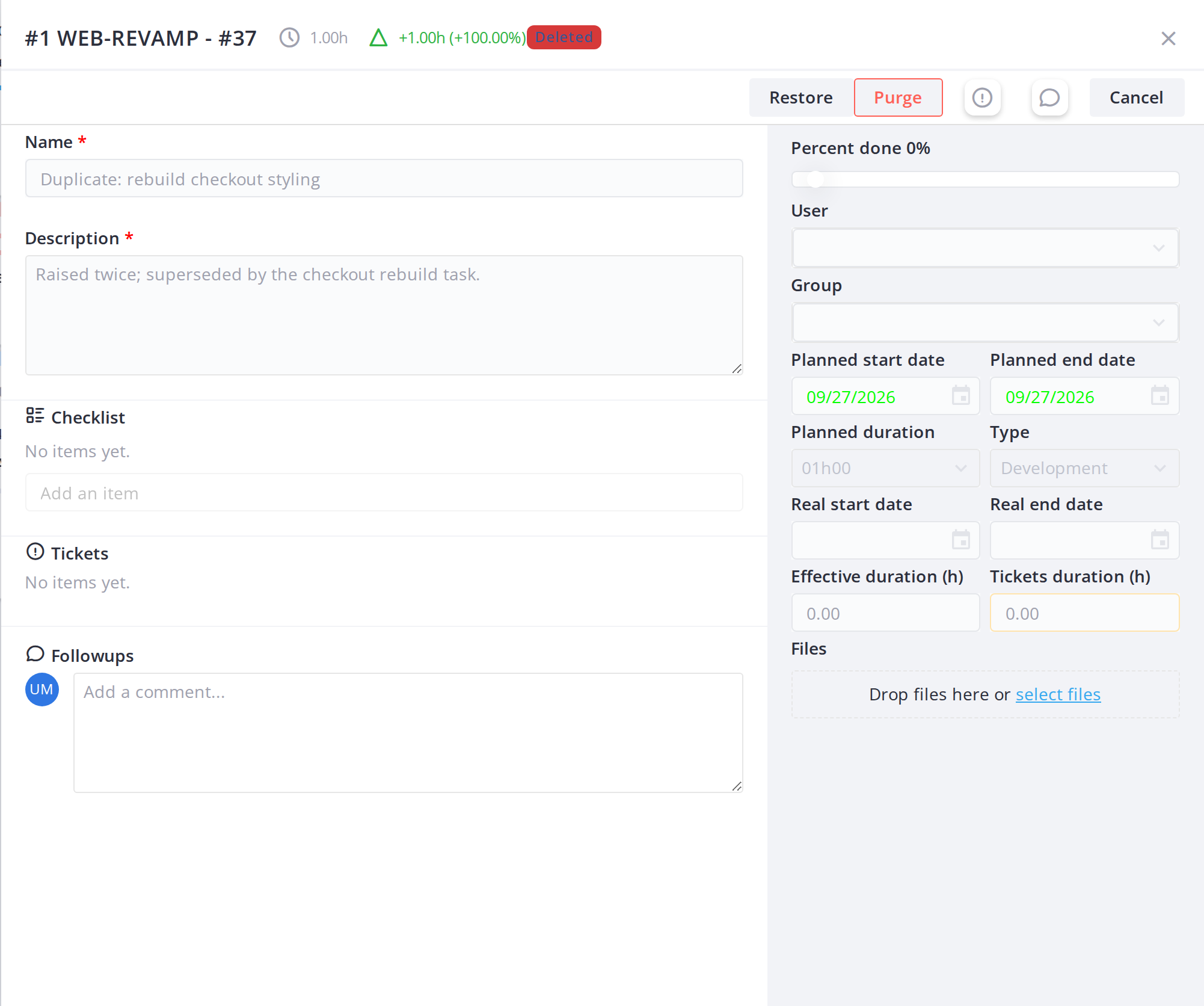 Deleted task cards — Restore a deleted task