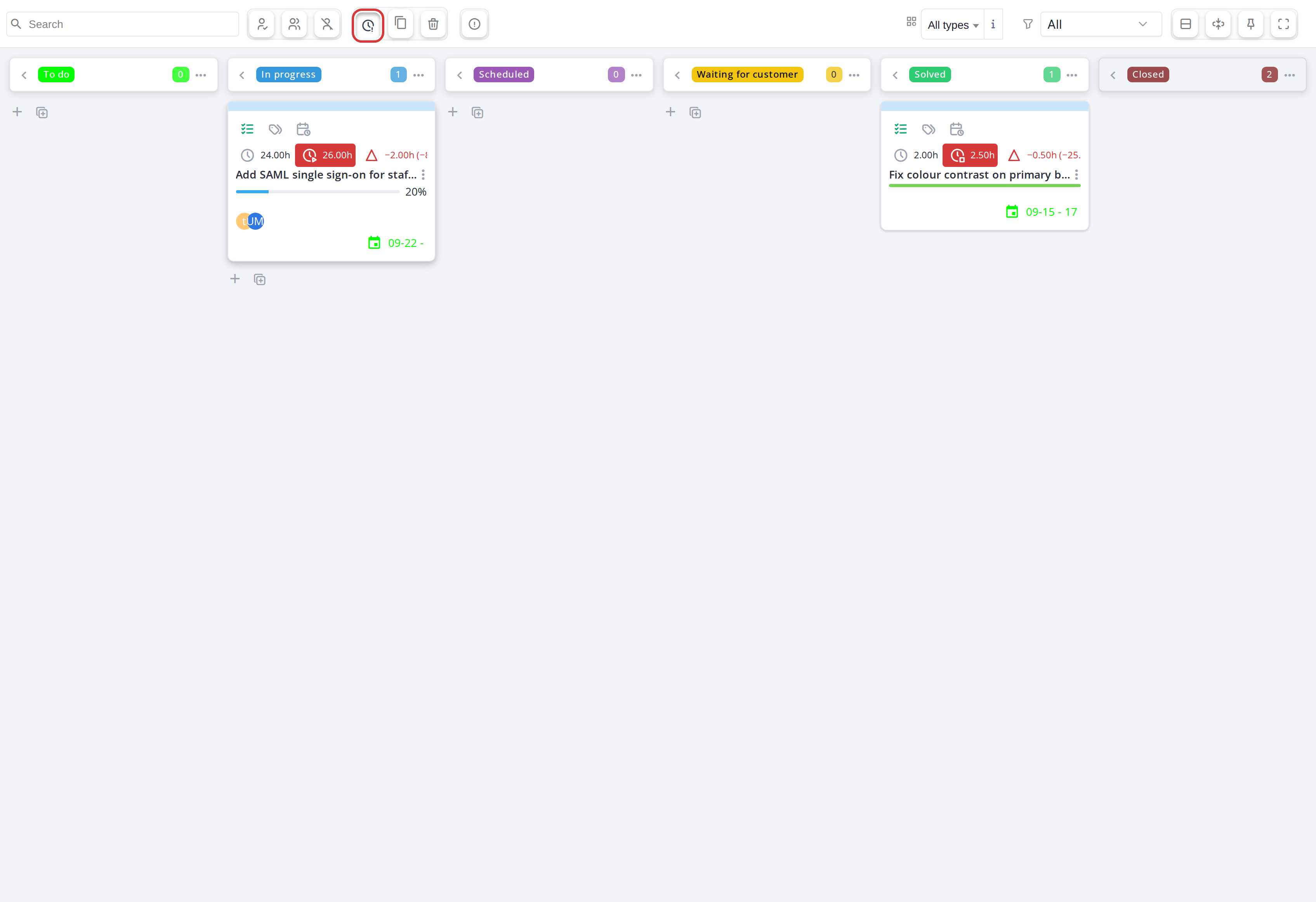 With Late on, only the two tasks over their planned hours remain