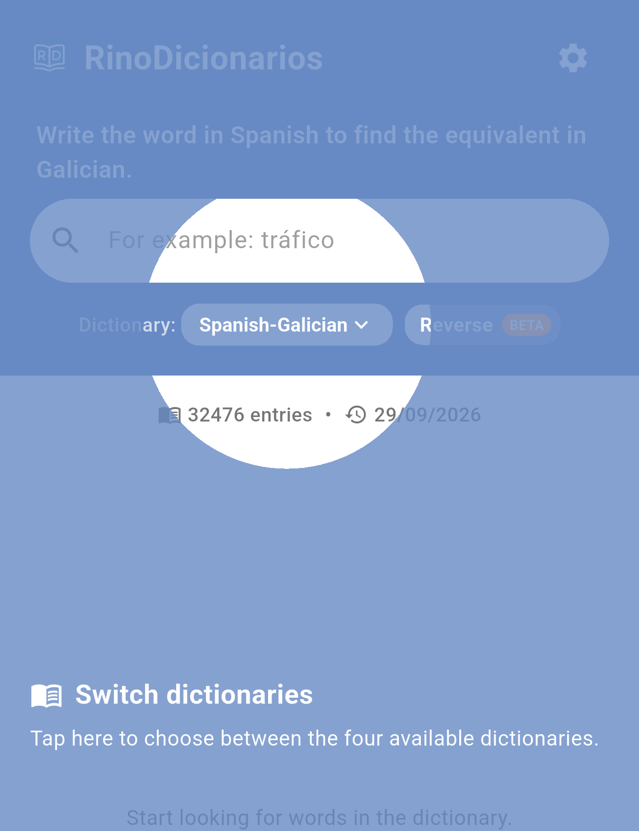 Tutorial step highlighting the dictionary picker with the text Switch dictionaries