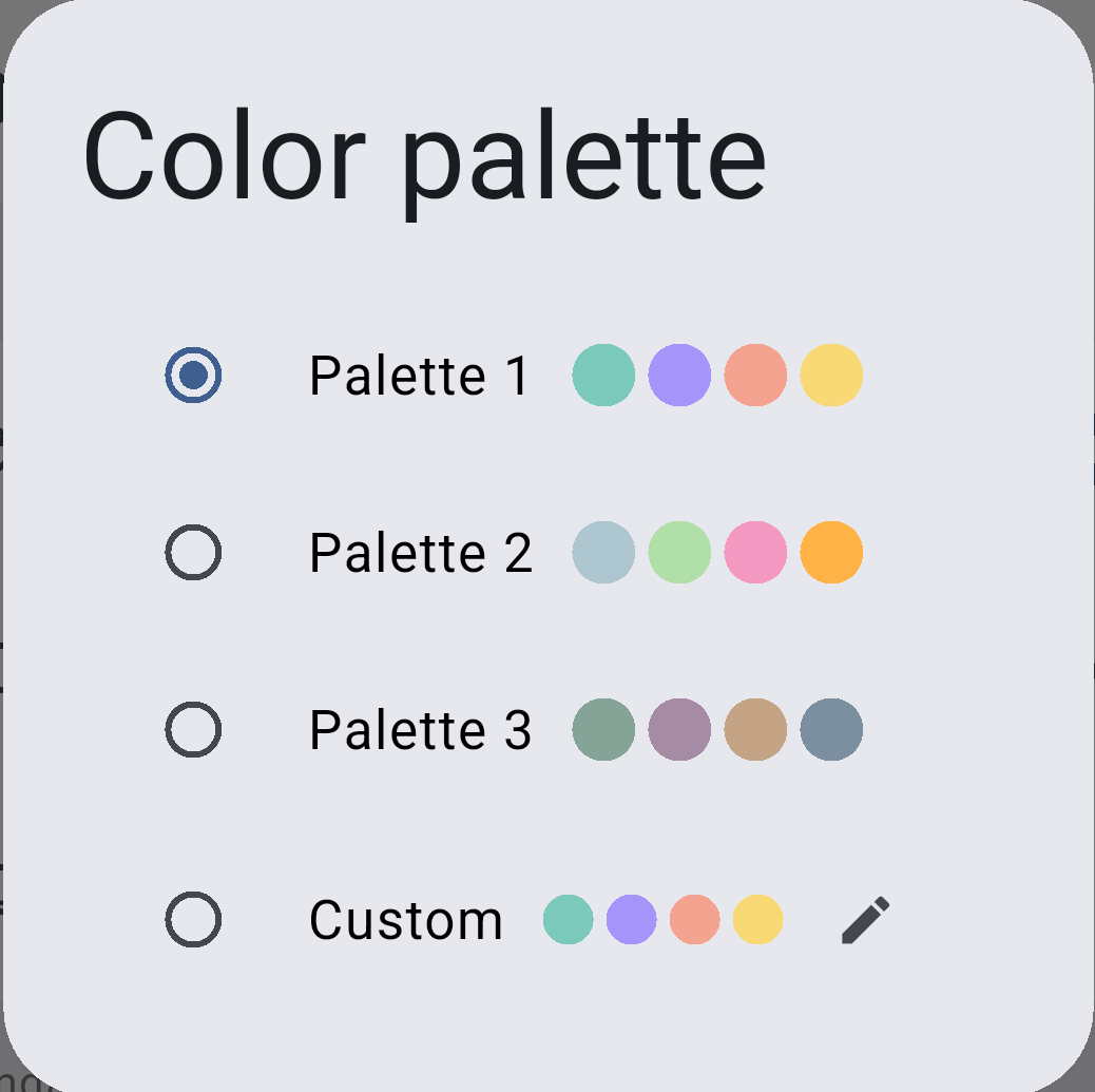 Color palette dialog with Palette 1, Palette 2, Palette 3 and Custom