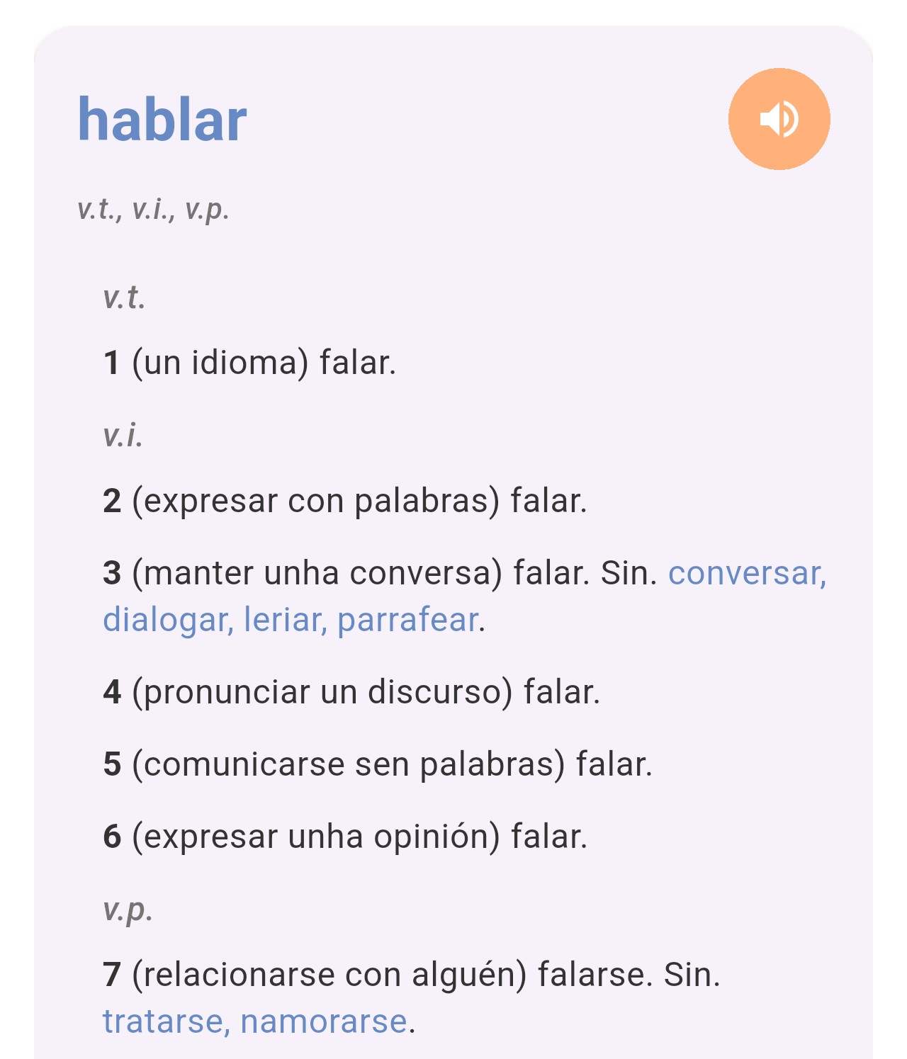Result card for hablar with senses grouped under v.t., v.i. and v.p.