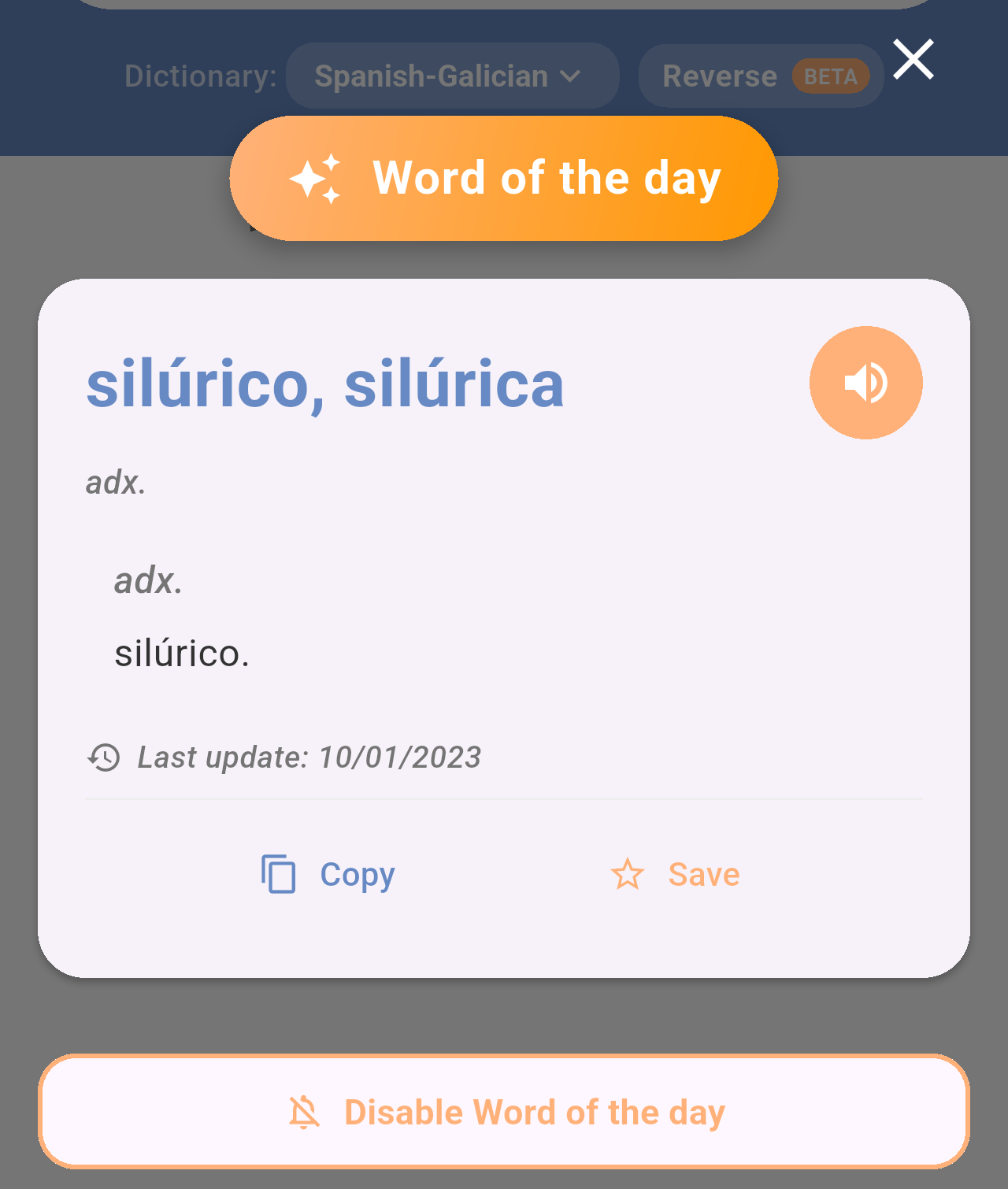 Word of the day window with the entry silúrico, silúrica