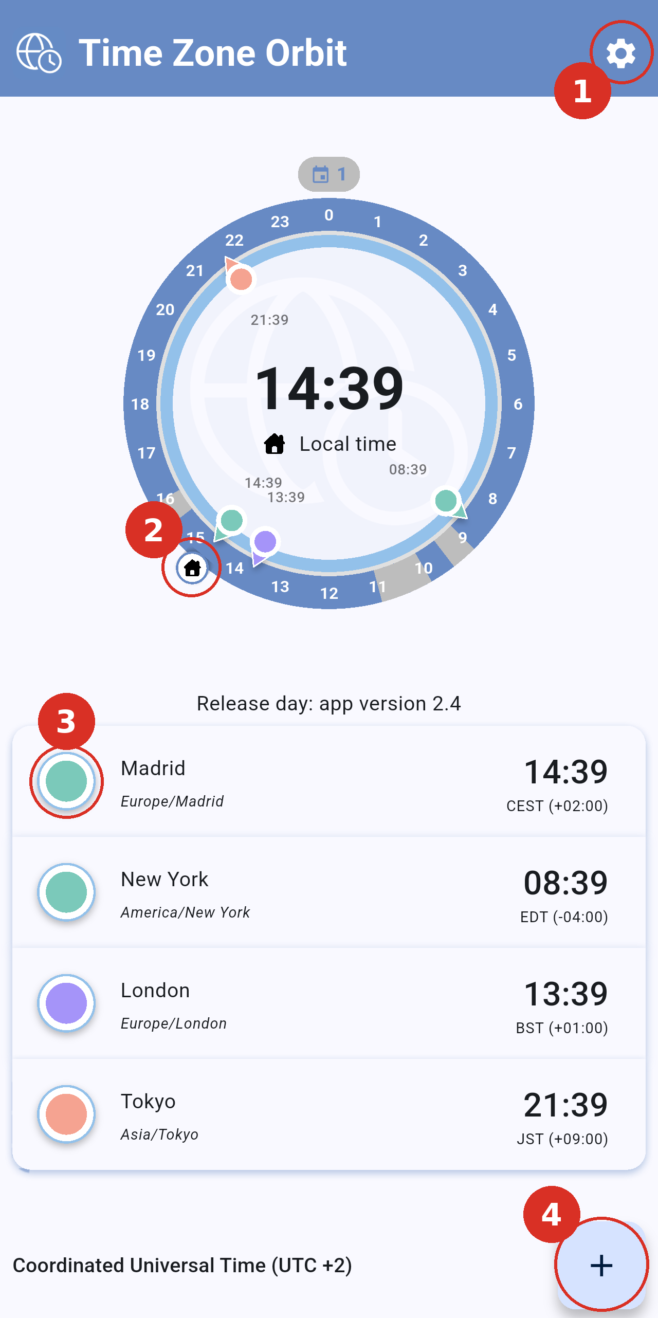 Home screen with four cities, the dial and numbered markers on the main controls