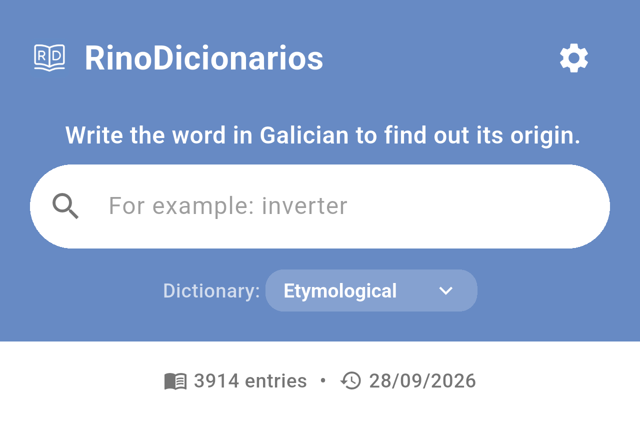 Search screen with the Etymological dictionary, the text Write the word in Galician to find out its origin and 3914 entries
